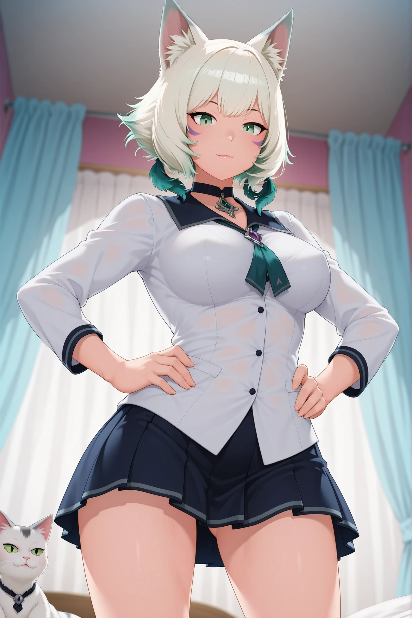Anime girl with green eyes and a short skirt, realistic student, wearing a school uniform, perfect short white haired girl, medium boobs, thicc legs, hands on waist, bracelets, beautiful girl, a hyperrealistic student, pantyhose,