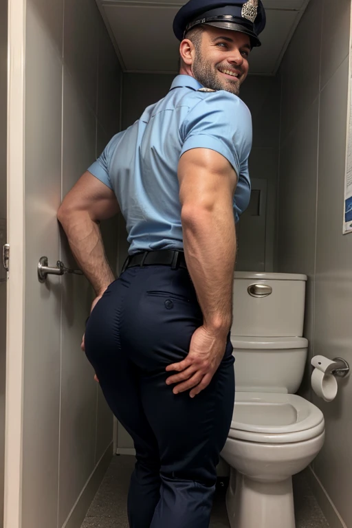((photo realistic)), (((one men only in the picture))), 20 years old mature beefy bulky sexy Japanese Kenta in police Keisatsu uniform looking back to the camera, short haired, back arched, he is wearing dark blue satin pants and white shirt (unrealistic super big tight butt), ((tight pants)), medium shot taken from behind, back-shot, rear-shot, ((Low angle)), in a public toilet cubicle at night