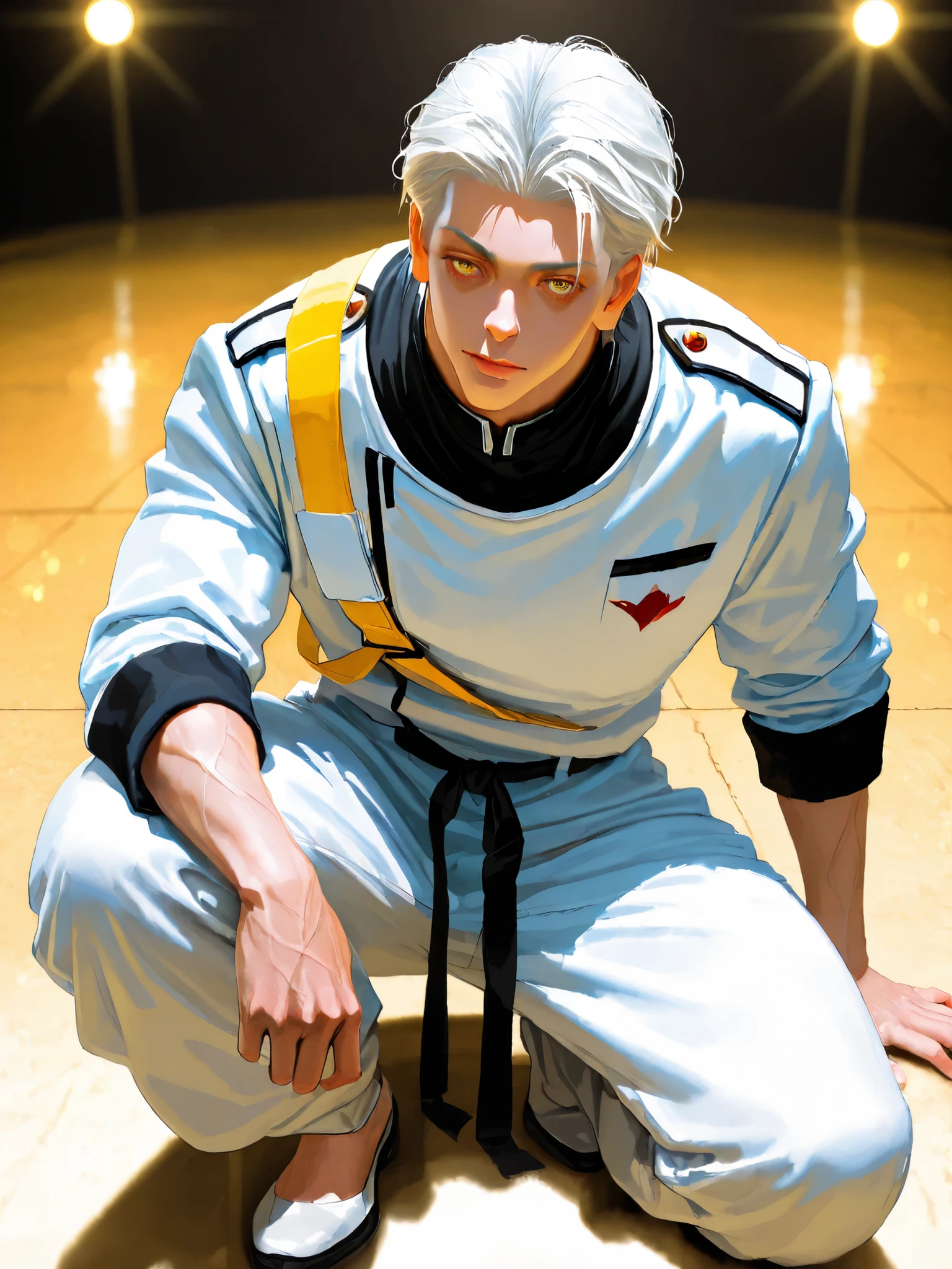 Jujutsu spinning toe , 18 years old, guy, 177cm, Black Chewy Neck Polar Revealing the Body, White uniform pants, Uniform Straps, Full Body High Definition,Masterpiece,Extremely detailed,Realistic,photorealistic,HDR,UHD,Studio Lighting,Ultra Detailed Description,Professional ,vivid color,Bokeh Young Male Figure, golden eyes, short white hair, Natural expression, 177cm tall, Muscular physique, Black Fitness Top, White Uniform Bottoms, Dowry Waistband, Full Body Shot Shadow Background in a Golden Landscape, bright lights, Deep Depth of Field, Intense Saturation and Contrast