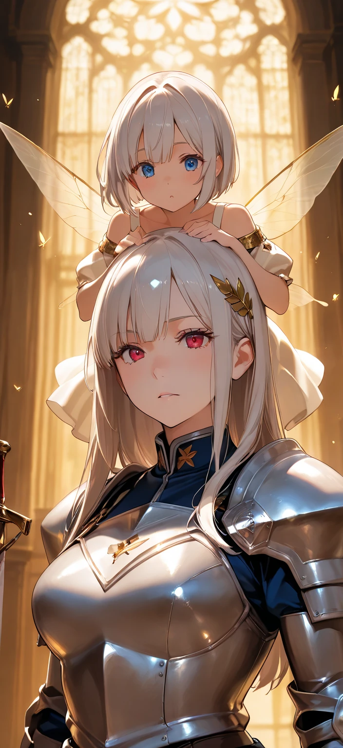 woman, blue eyes, long hair, white hair, mature, god eyes, diamond earings, glowing right eyes, two colors eyes, purple eyes, golden armor, injured, blood, dead, tears, glowing eyes, determination