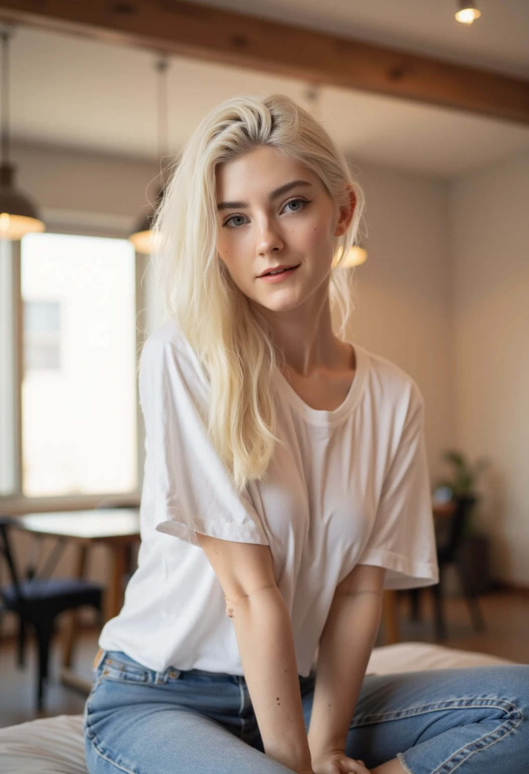 D1vaLove,blonde,(oversized white t-shirt,couch:1.2),on tip toes,style by Dan Winters,RAW photography,film grain,photo taken with a Bolex H16,RAW,color graded portra 400 film,remarkable color,realistic dull skin noise,analog style,highest quality,skin pores,sharp focus,dappled lighting,film grain,photographed on a Sony A7R IV,18mm F/1.7 cine lens