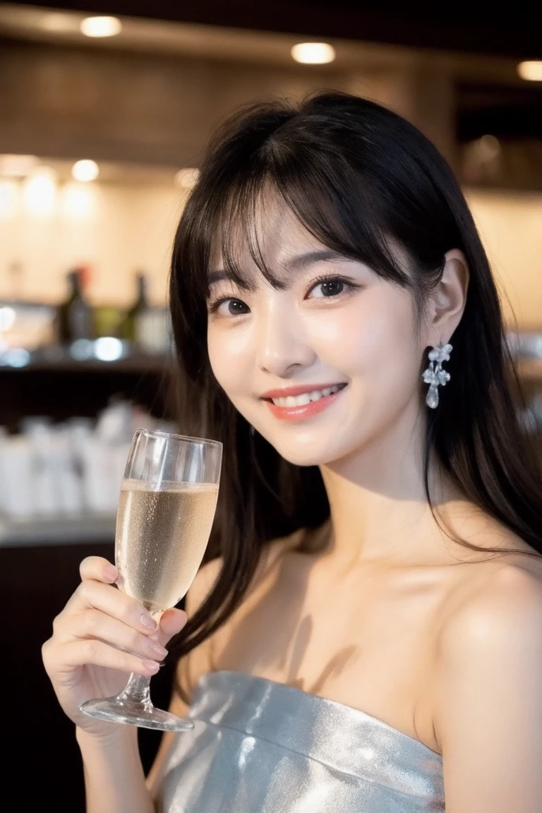 ((highest quality)), ((masterpiece)), (detailed), Perfect Face,Champagne,cheers,Japanese,smile,whole body
