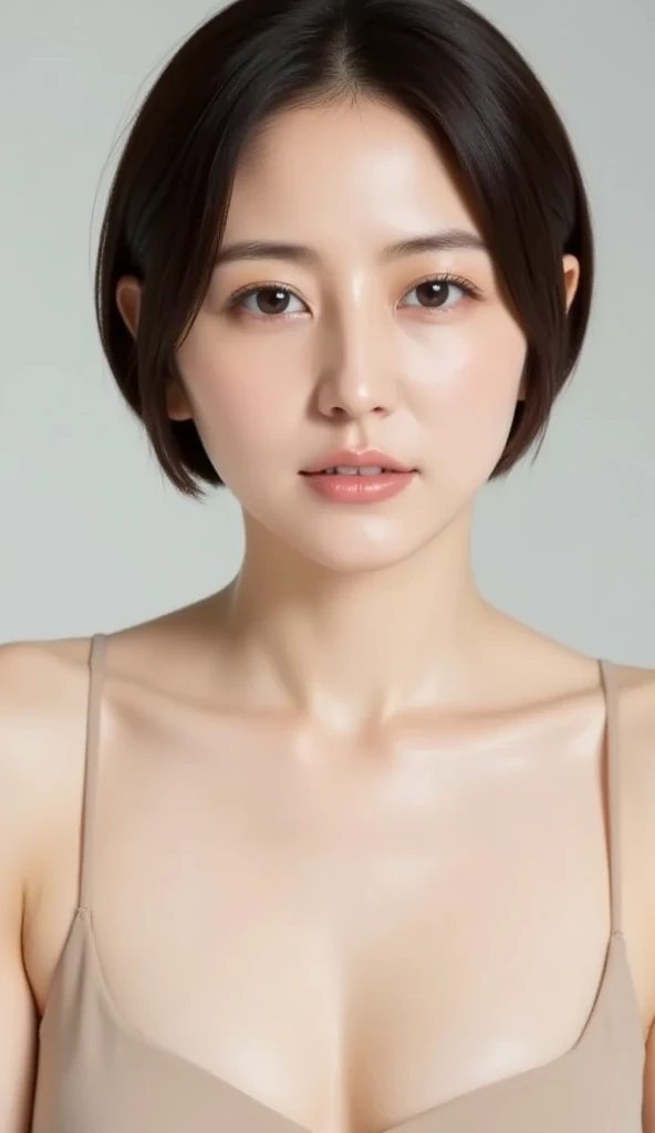((masterpiece, Highest quality, High resolution)), 1 Girl, (Realistic: 1.4), alone, White Background, snow-White Background, Mouth closed, Smile, Smile, Beautiful black hair, short hair, Big eyes, Transparent double eyelids, eyelash, Listen carefully, Long neck, Long neck, Absolute area, ((Face close-up)), (Draw the whole head, shoulder), 30 years old, Attractive proportions, Shiny skin, Beautiful collarbone, A face of golden proportions, Perfect Face, Teardrop-shaped moles, Mole on chest, bangs, clean bangs, beautiful bangs, Lip gloss, Thin lips, Pale skin, naked, Small breasts, Small face, Small face, All the heads are painted, shoulder all drawn, Look slightly up and into the camera,smile、