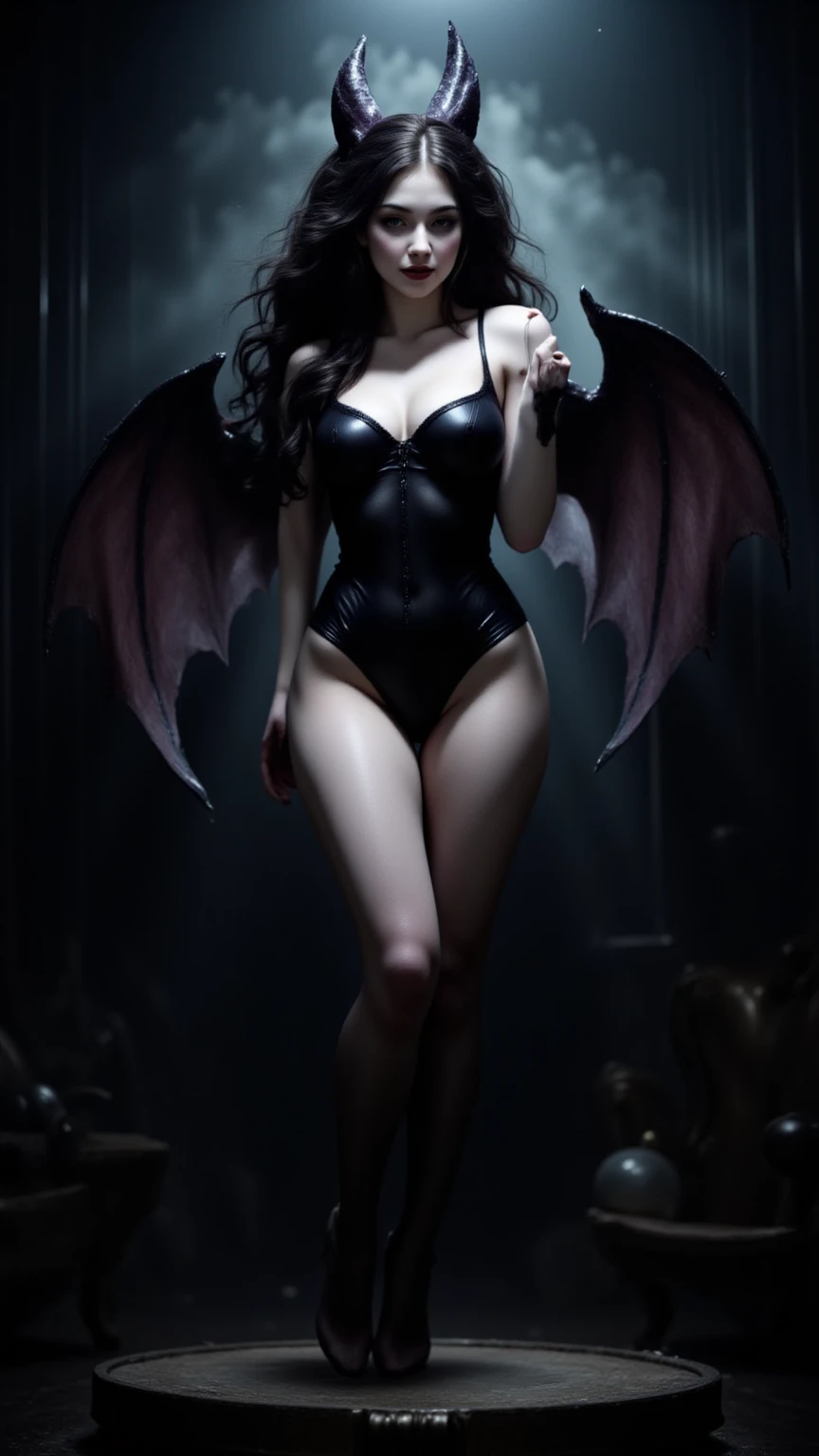 Full body image (centered) of a beautiful, hot and sexy succubus. ((1girl)), symmetrical face, black eyes, thin nose and fleshy mouth. She has 2 large demonic wings, ((large breasts, thin waist, wide hips and thick legs)) and thin demonic tail, sculptural and athletic body. (She wears a tight, low-cut bra made of skulls) highlighting her breasts and a small dug panties. 8k, cinematic effect, Adobe Premiere, ultra realistic.