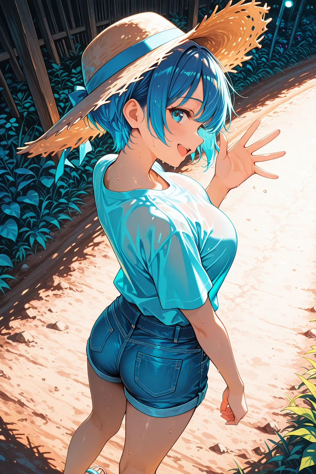 (masterpiece, best quality:1.2), ( background: 1.5), (simplistic background), cowboy shot, ((solo)), 1girl, kawashiro nitori, smile, looking at viewer, two side up, blue hair, (short hair), (short twintails), hair bobbles, hair ornament, (green headwear), ((green hat)), (black tank top), (denim shorts), tight shorts, looking at viewer, smirk, from behind, butt, wide hips, butt, large butt, huge ass, large behind, large rear, suggestive, covered nipples, large breasts, sideboob
