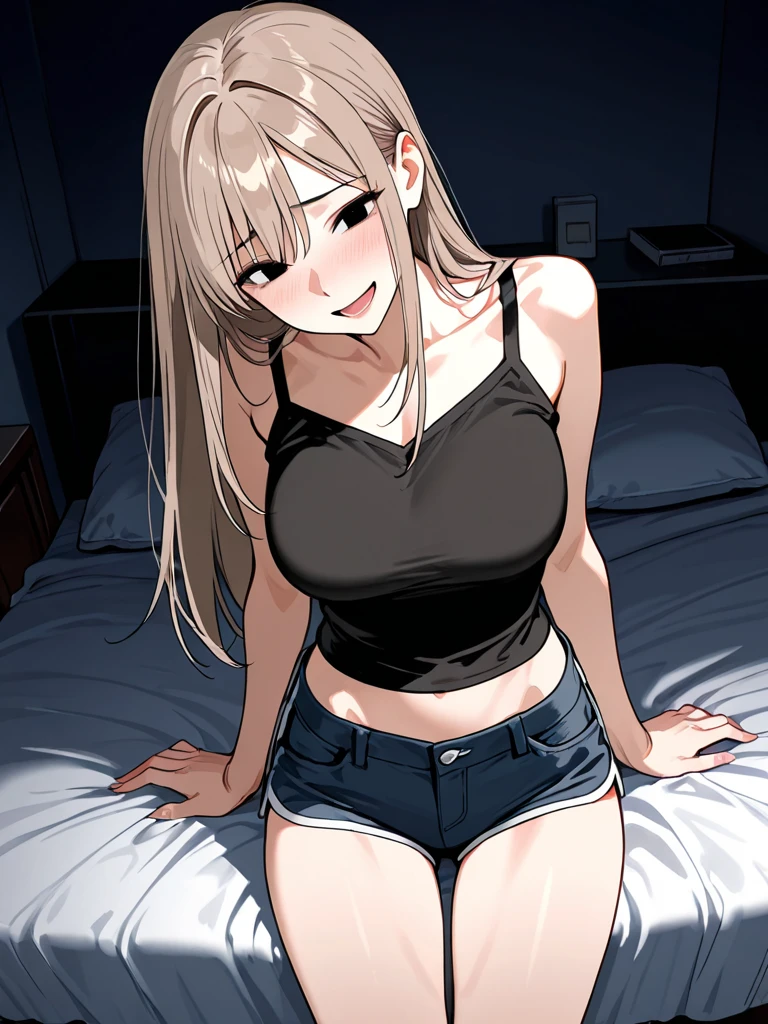 highest quality、Elementary school student bra、Beige shorts、Cute appearance、Stretch your legs in the room、Armpit sweat、Grass、Ecstasy face,(Attractive person), (girl1name), (Highly detailed face, smile) ,, (日本のgirl), Slightly round face, (Tan brown face:1.6), cute, Big eyes、2D,highest quality,(masterpiece),(((whole bodyが映る))),(((whole body))),(extra long hair:1.6),(bangs:1.3),((White hair)),Healthy brown skin,((Short denim hot pants)),Leather Belt,Pink-Tank Top,Shining bare feet,barefoot,Beautiful brown eyes,Attractive thighs,Sloppy body type,Bedroom,get drunk,Upward glance,cheeks are bright red,あざとcute,Sleeping face like an angel,Erotic look,whole bodyに汗の大きな滴,humid,Waistline、My Room、(Sleeping on your stomach:1.1),(Angle shot from directly above:1.2),Poses that accentuate the buttocks,Angle to emphasize the buttocks,Sole