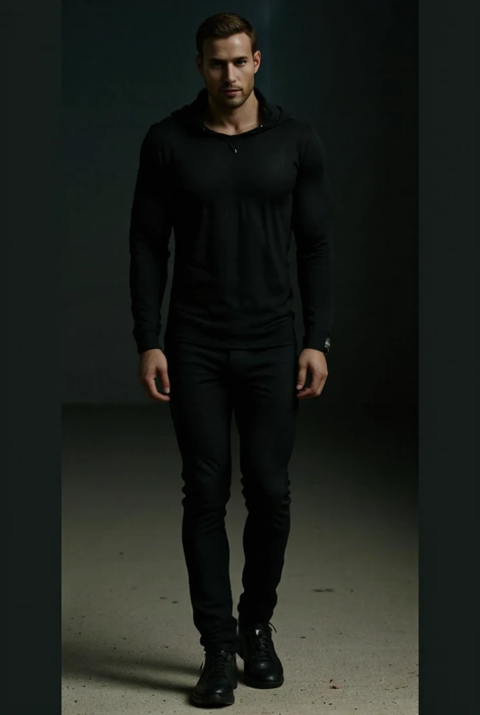 handsome man, 1man, full body, studio portrait, (clean plain flat black background:1.1), high key lighting, dramatic, black shirt, jeans, dynamic pose, masterpiece, 8k, deep skin <lora:MatthewE_LoRA:0.7>