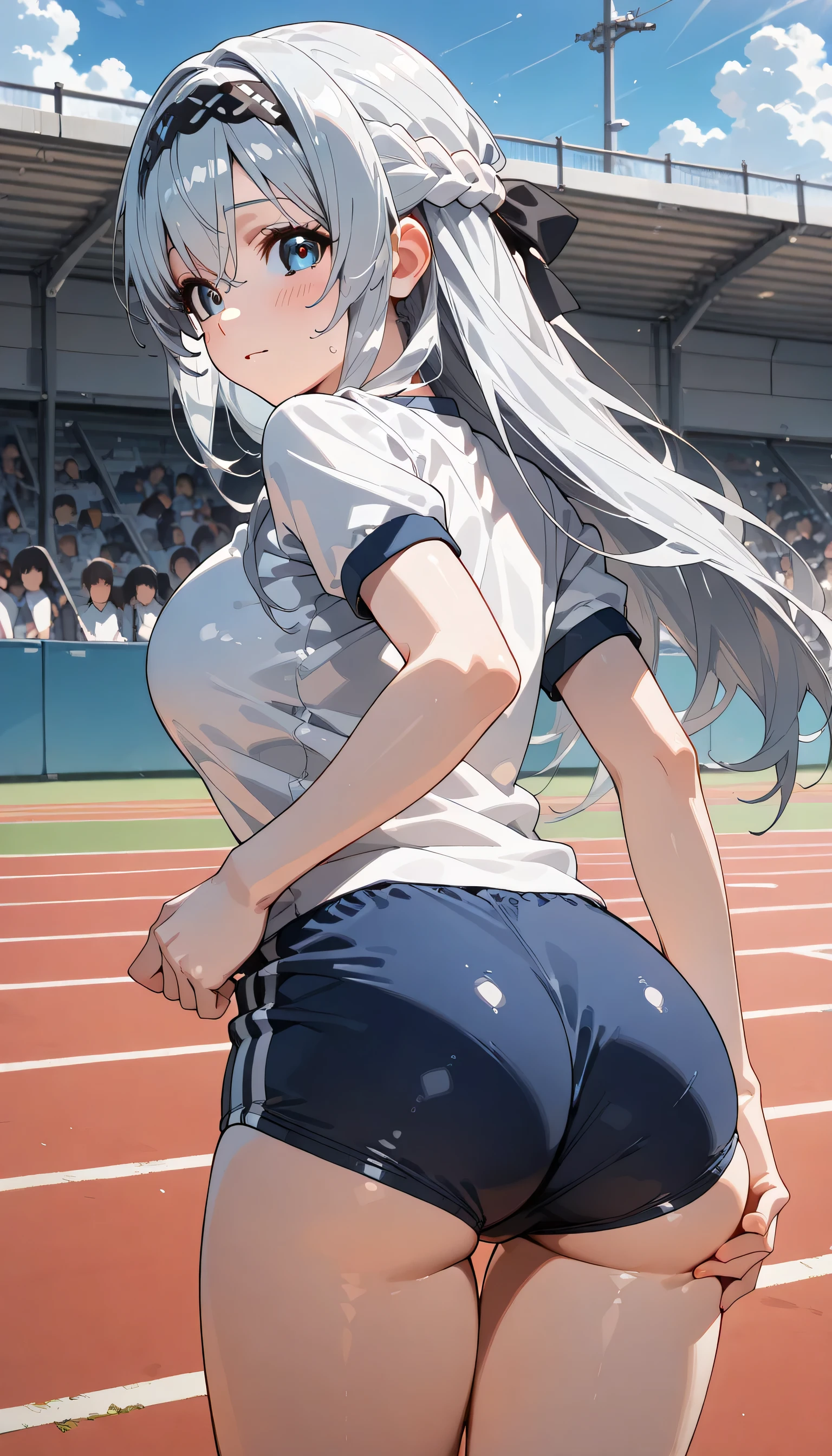 ((ultra-detailed)), (highly detailed CG illustration), (best quality:1.2), ultra-highly detailed, colorful composition, artistic photoshoot, 1girl, solo focus, thigh to top, cowboy shot, moe anime character, girl, dainty facial structure, baby face, round face, rounded chin:1.2, ideal ratio body proportions, fumika sagisawa, blue eyes, black hair, hairband, long hair, hair over eyes, (wearing glasses:1.3), (round eyewear:1.3),  ample breasts,  long silver hair:1.3, half updo:1.3, blue eyes:1.3, sagging eyes:1.3, hair ribbon with light red, ample breasts, white gym uniform with Navy blue rim:1.3, navy blue school gym buruma, smile:1.3, blush:1.3, bent over:1.2, stick out butt:1:3, on the school sports field, beautiful detailed sky, flowers, gentle breeze, best quality, masterpiece, beautiful detailed sky, sunshine pouring down, water splashes sparkle in the sunligh, dynamic pose, (from behind:1.4), (turn around:1.4 ), expecting, pink cheek, blush, light pink gloss slip, portrait, depth of field, soft lighting, sidelighting, shine, lighting, caustics, ray tracing, smile, perfect face, lustrous skin, highly detailed face, highly detailed eyes, perfect face, perfect nose, perfect hair, perfect eyes, perfect anatomy, beautiful hair, beautiful small face, extremely detailed face, beautiful detailed eyes, beautiful clavicle, beautiful body, beautiful huge breasts, leavage, breasts squeezed together, equalize the size of the left and right breasts, beautiful thin thighs, beautiful legs, beautiful fingers, 4 fingers, 1 thumb, lovely, (very detailed background:1.0), (highly detailed background:1.0), summer aesthetic, intricate details, joyful atmosphere, summer colors palette, chromatic aberration
