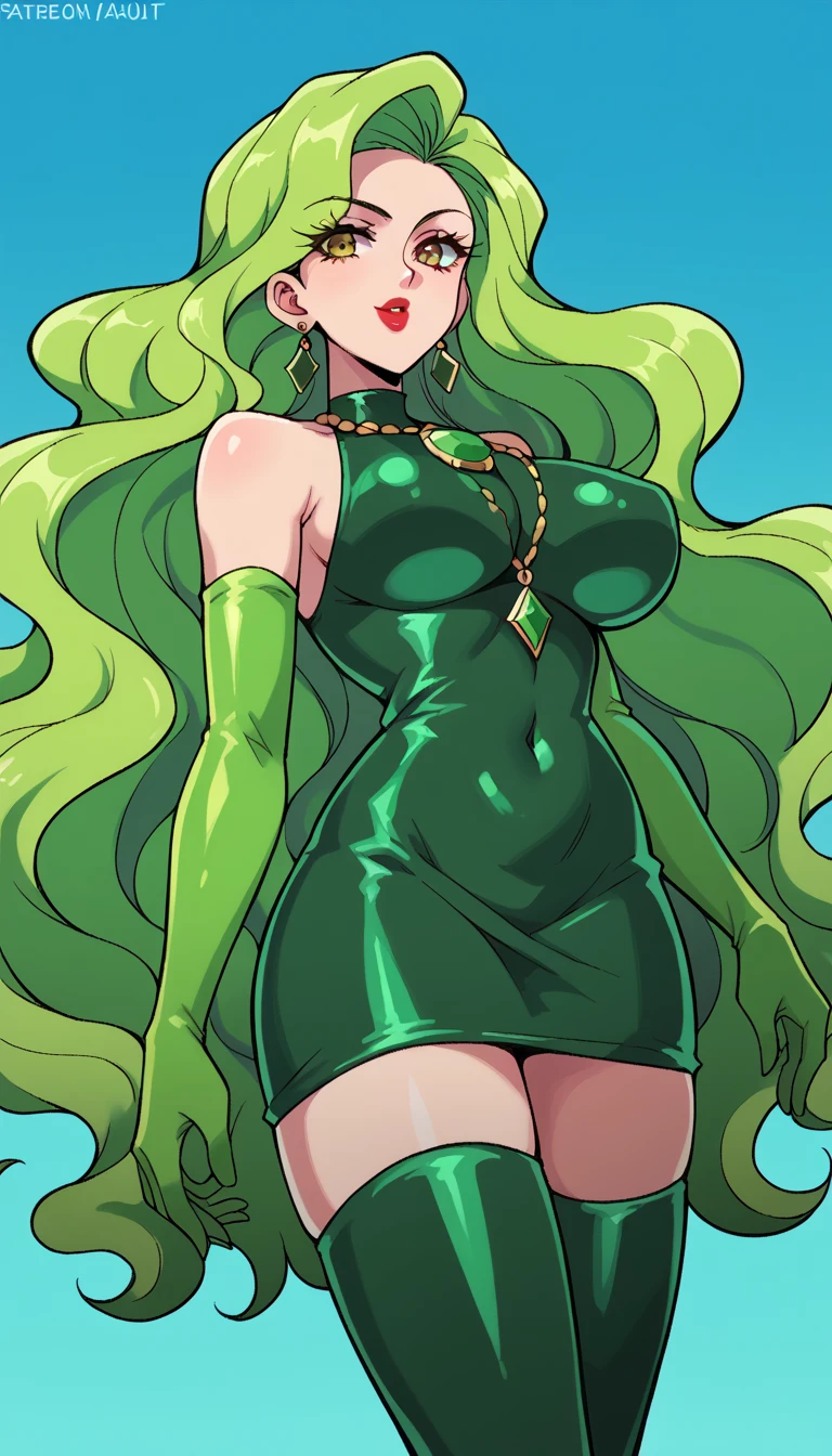 boa sandersonia, from one piece, towering over you, pov, view from below, wearing green leotard, long flowing green hair, huge smirk, ultra hd, clothed, tall, large breasts, sfw