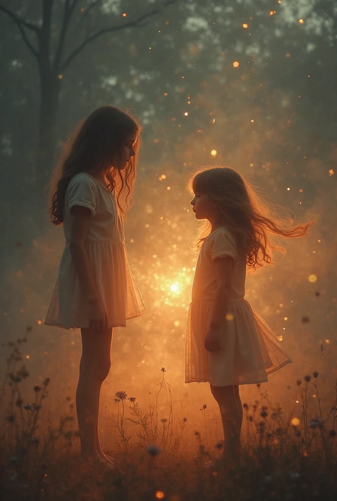 YOUNG SIBLINGS IN FAIRYLAND WITH THEIR GOLDEN RETRIEVER AAND LIGHT FAIRIES, NIGHTTIME