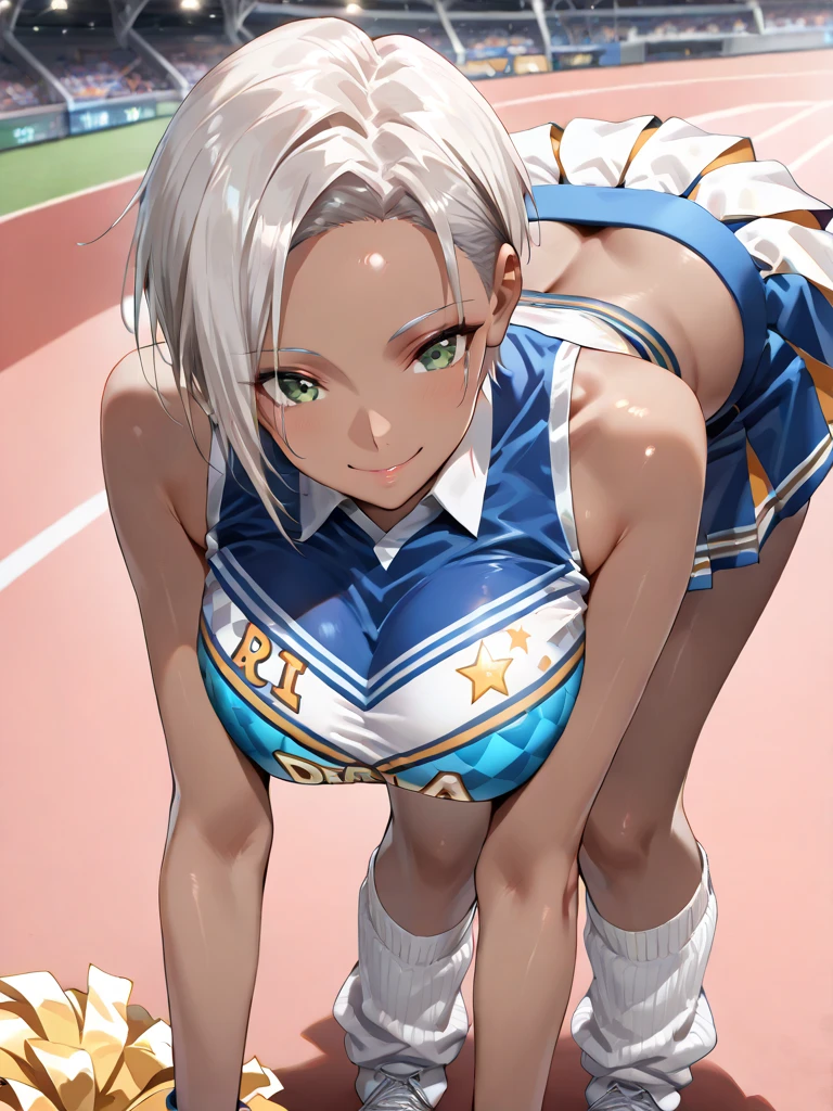 ((Highest quality)), ((High resolution)), ((masterpiece)), (detailed), (photograph),
Show Viewer, Cowboy Shot, Written boundary depth, Anatomically correct, Mature Woman, Perfect Face, Cute and symmetrical face, Shiny skin,
(Long Hair:1.4, Silver Hair), Hair between the eyes, blue eyes, Long eyelashes, (Big Breasts:0.9, Thighs),
Beautiful Hair, Beautiful Face, Beautiful details, Beautiful clavicle, Beautiful body, Beautiful breasts, 美しいThighs, Beautiful legs,
(Cheerleader uniform),
(Beautiful views), evening, Ground, (Cute Smile),