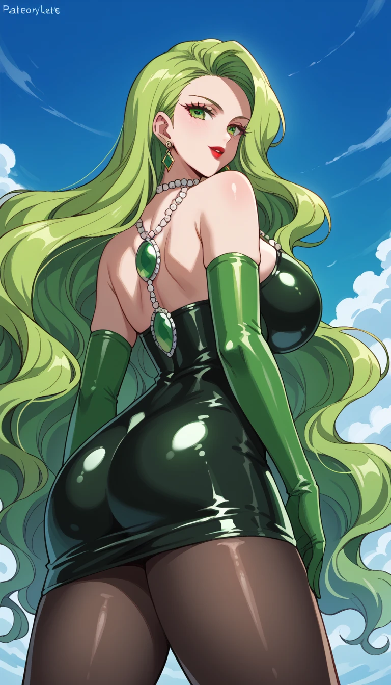 (((highly detailed))), (((high quality))), (((masterpiece))), (((beautiful))), (((full shot, back side view))), (((emily the emerald engine))), (((thomas the tank engine))), (((by drogod artist, by Blue-Senpai))), locomotive humanoid, athletic female, (((5 fingers))), (((5 toes))), big butt, large ass, (((white body, white skin))), emerald green nails, emerald green eyes, emerald green lipstick, eyelashes, eyeliner, black hair, (((light skin))), (((black eyebrowns))), (((thin eyebrowns))), very long hair, (((ass length hair))), Ironed hair, hair on the forehead, bubble ass, (((busty))), butt, (((emerald green highleg one pice swimsuit with gold strip))), (((cleavage))), (((feet detail))), fingers, humanoid feet, humanoid hands, (((????? face))), in love to the viewer, large bum, looking at viewer, nails, partially visible vulva, (((protective mother countenance))), pose, (((standing))), sensual eye, bedroom eyes, sensual body, smile, soles, soft soles, arched soles, tiptoes, feet blush, (((sole blush))), solo, sheap space, lying up, feet up, thick thighs, thighs together, toes, (((voluptuous))), large thigs, (((high thighs))), (((high hips))), wide hips, curvy figure, curvaceous, absurd res, hi res, signature, in a spaceship next to a large window space