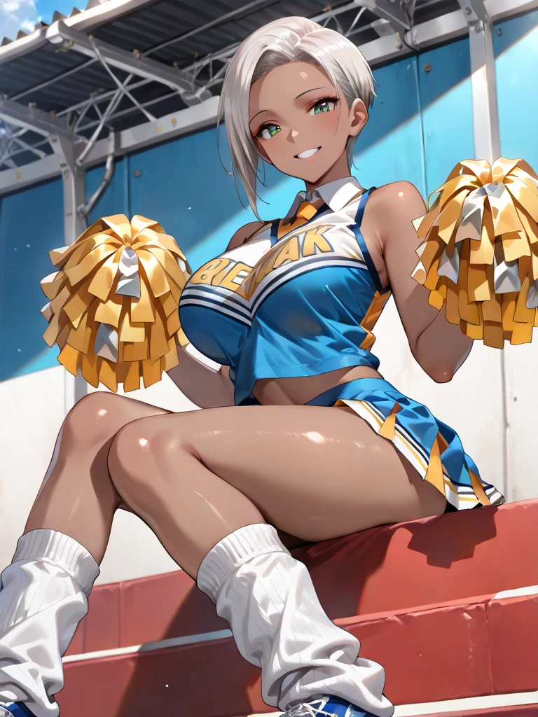 masterpiece,super fine illustration,best quality,high resolution,light particles, ultra-detailed,(bright colors:1.4),(nsfw:1.4),((cheerleader:1.4)),((girl wave 2 cheer pompons:1.3)),(raise your arms:1.3),(cheering:1.3),(show off nipples:1.1),(see through:1.3),(elf:1.2),(silver long hair:1.4),twintails,shiny hair, shiny skin,(scrunchie:1.4),(light blue eyes, shiny eyes),(loli face and big boobs:1.4),(diminutive:1.3),(happy smile), blush cheeks, (under boob:1.3),crop top,(micro skirt, vagina),blush cheeks, arched back, (pov:1.5),(ftont-view :1.5),(cum in pussy:1.4),BREAK,(vaginal penis:1.2),(a man), (sit astride on man), (lady on top), (cowgirl position:1.4), (rodeo:1.4), hetero, man in below, (intense Sex:1.4),BREAK,(smog, fog:1.2),(open mouth:1.2),(sweaty:1.4),outdoor, Athletics grounds, Sunlight