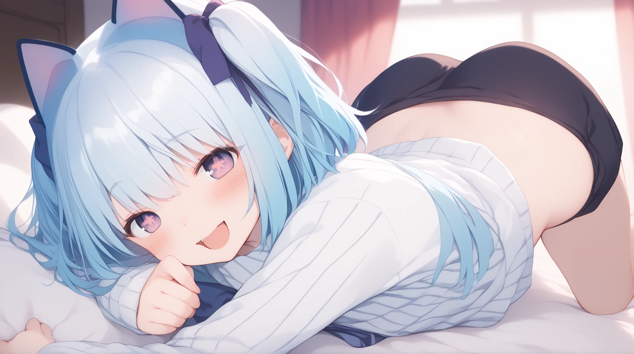 1girl, ahoge, ass, arm support, black panties, blue eyes, detached sleeves, fang, frills, hairclip, head rest, hands on own face, heterochromia, indoors, legs up, long hair, looking at viewer, lying, medium breasts, multicolored hair, on stomach, on bed, pillow, pink hair, purple eyes, messy room, smug, solo, underwear, white hair, white thighhighs, dutch angle, volumetric lighting, depth of field,  score_9, score_8_up, score_7_up