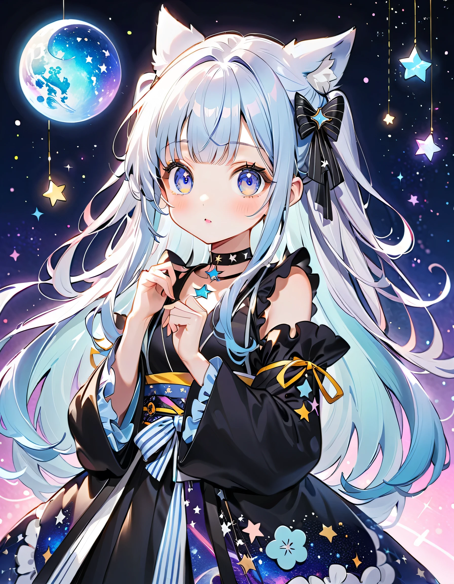 with the best details、Highest Quality、Supreme Masterpiece、character design sheet、front、Diamonds、cute young girl with thin shoulders, (big eyes), best details, cute face, playful expression, Beautiful appearance,through bangs, ((Shiny milky white to light blue gradient hair)) ,attention to beautiful details,((light blue and indigo color palette)), ((アクアneonカラー)), (( Star Choker )), ((襟に frills)),(((UNIQUE AND CUTE LONG HAIR、))) ((wear a colorful and cute gothic kimono costume)), ((Protruding shoulders, long wide cuffs)), ((fashion patterns that feel like outer space)), (( Star Fairy)), ((wear a colorful and cute gothic kimono costume)), ((hands are not shown)),ribbon, frills, and small, World's Cutest Girl, star background, best details , 虹とribbonの髪飾り, vtuber character design, neon, Shine, sparkle, Flower, Crescent 、wolf cut hairstyle、