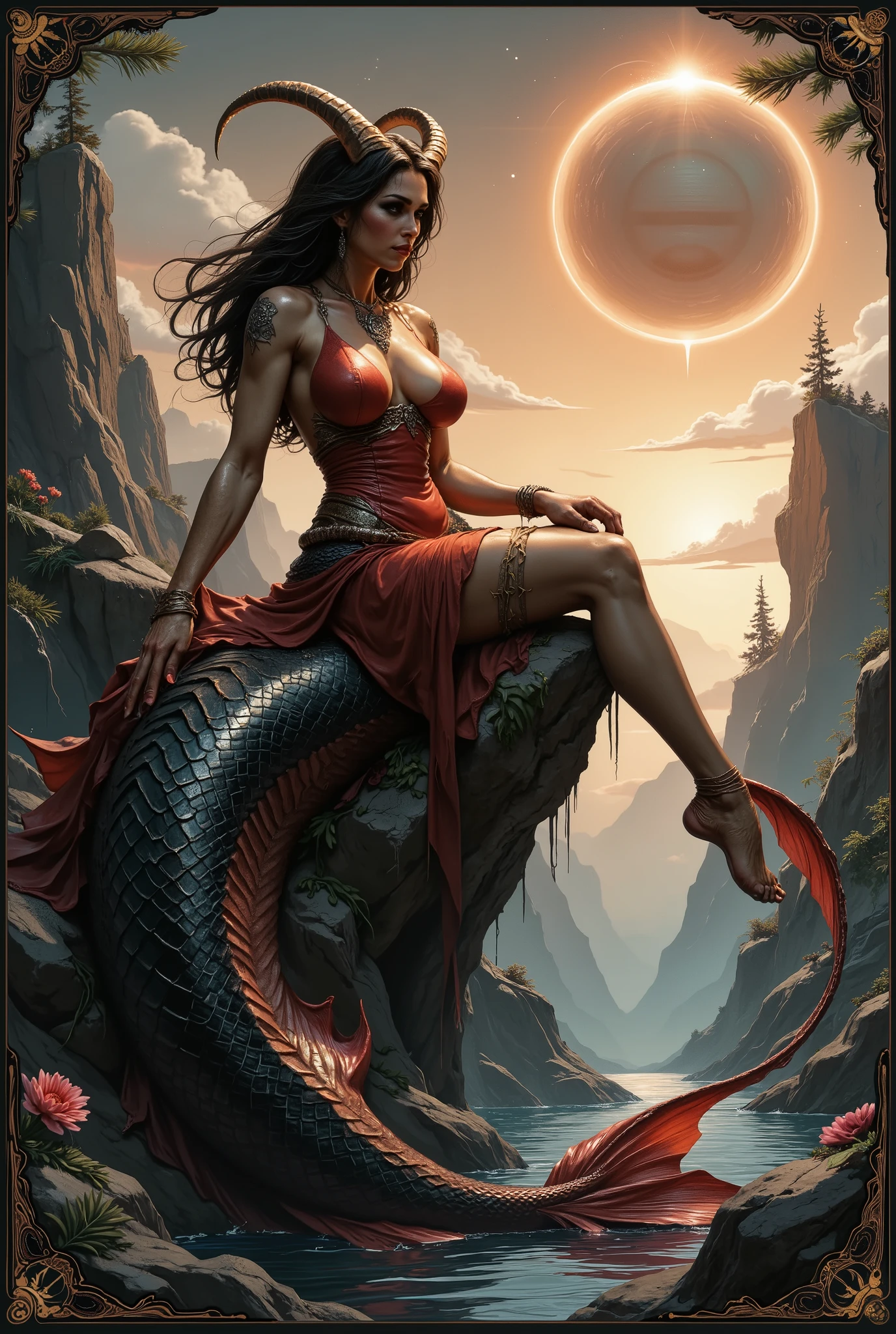 A powerful and elegant personification of the Capricorn zodiac sign (♑), depicted as a mystical woman seated atop a sharp, ancient rock formation. She is the embodiment of the Earth element — grounded, wise, and unshakable. Her long, graceful body transforms into a dramatic mermaid-like tail, colored in deep crimson red and black, shimmering like volcanic obsidian and embers. The tail coils behind her with flowing fins, adding motion and power.
Her upper body is poised and confident, feminine and graceful, with a strong gaze and sharp, determined eyes. She wears tall, textured goat horns on her head — curved and majestic like mountain peaks. Her hair is long and wild, blending black and wine red hues, flowing like wind through the pine-covered cliffs.
Around her and on her attire are symbolic plants: pine branches, rosemary, winter flowers like hellebore and lavender woven into decorative Art Nouveau motifs. The background features a stylized, poster-like pine forest with Saturn's glyph (♄) glowing subtly above, alongside the Capricorn zodiac sign (♑) etched into the sky like a celestial stamp.
The composition is both fantastical and symbolic — mixing art nouveau elegance with fantasy and graphic poster flair. Flowing lines, ornate borders, and detailed natural textures contrast with a bold silhouette. The lighting is warm and golden from below, casting a glow from lava cracks or magical ground light, while cool twilight tones frame the background.
Style: Art Nouveau x Fantasy x Poster Art x Comic touch – flowing ornamental lines, stylized anatomy, symbolic floral details, strong color contrasts (black, red, gold), graphic yet soft textures.