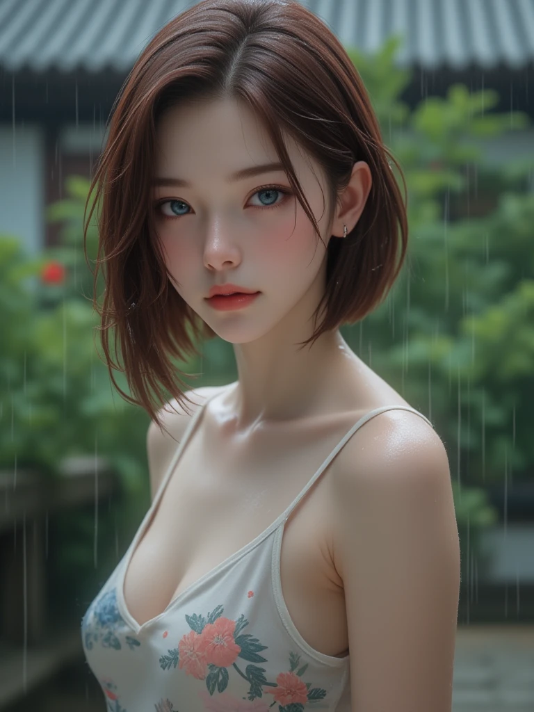best quality, masterpiece, ultra resolution, (fidelity:1.4), photo, 1 girl, [(sad)], white shirt, dim, dark, despair, pity, poor, movie, tears, teardrops, (torn clothes:1.5), (wet clothes:1.4), bare shoulders, real rain, wet hair, ultra-detailed face, detailed lips, delicate eyes, double eyelids, pretty woman, 20 years old, (sexy)