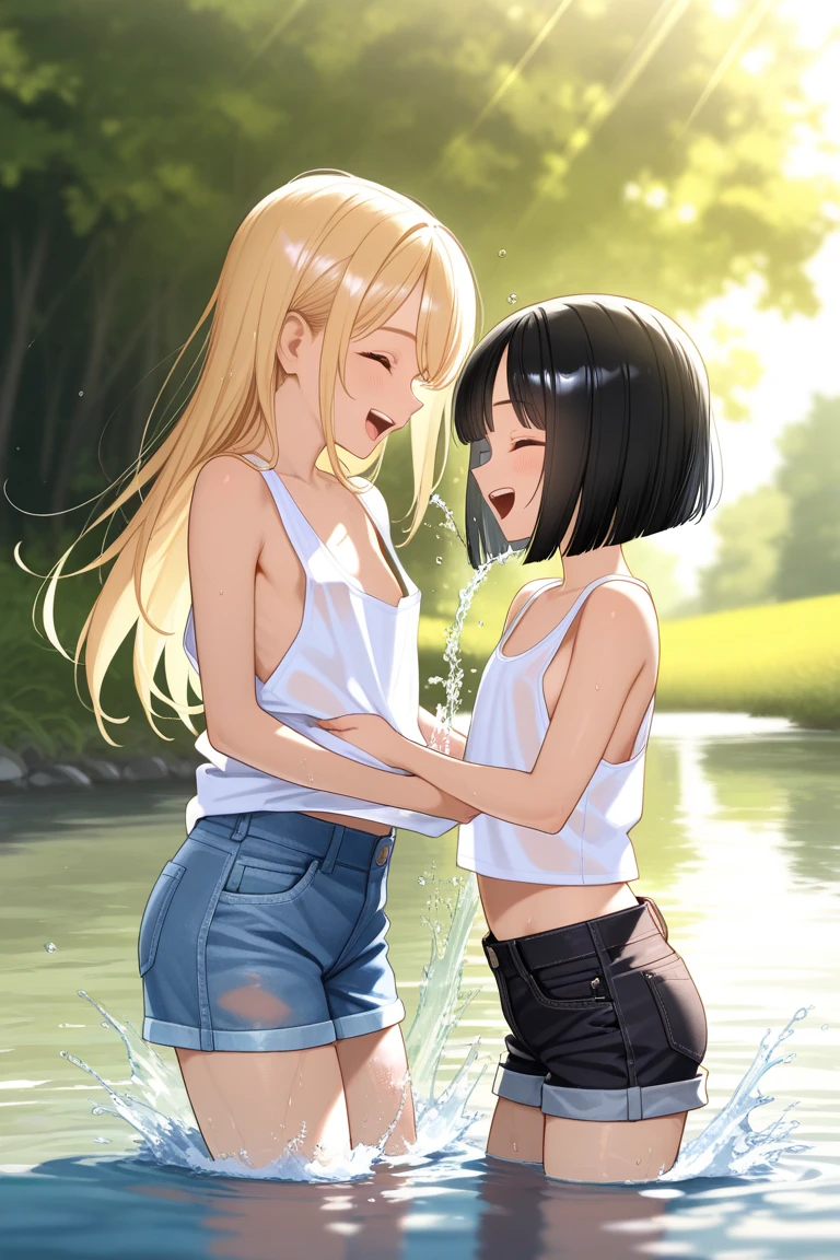 Two women having fun in the lake、lewd:1,2、Metamorphosis:1,2、NSFW:1,2、Lesbian Yuri:1,2、blushes、Wear a tank top and skirt、