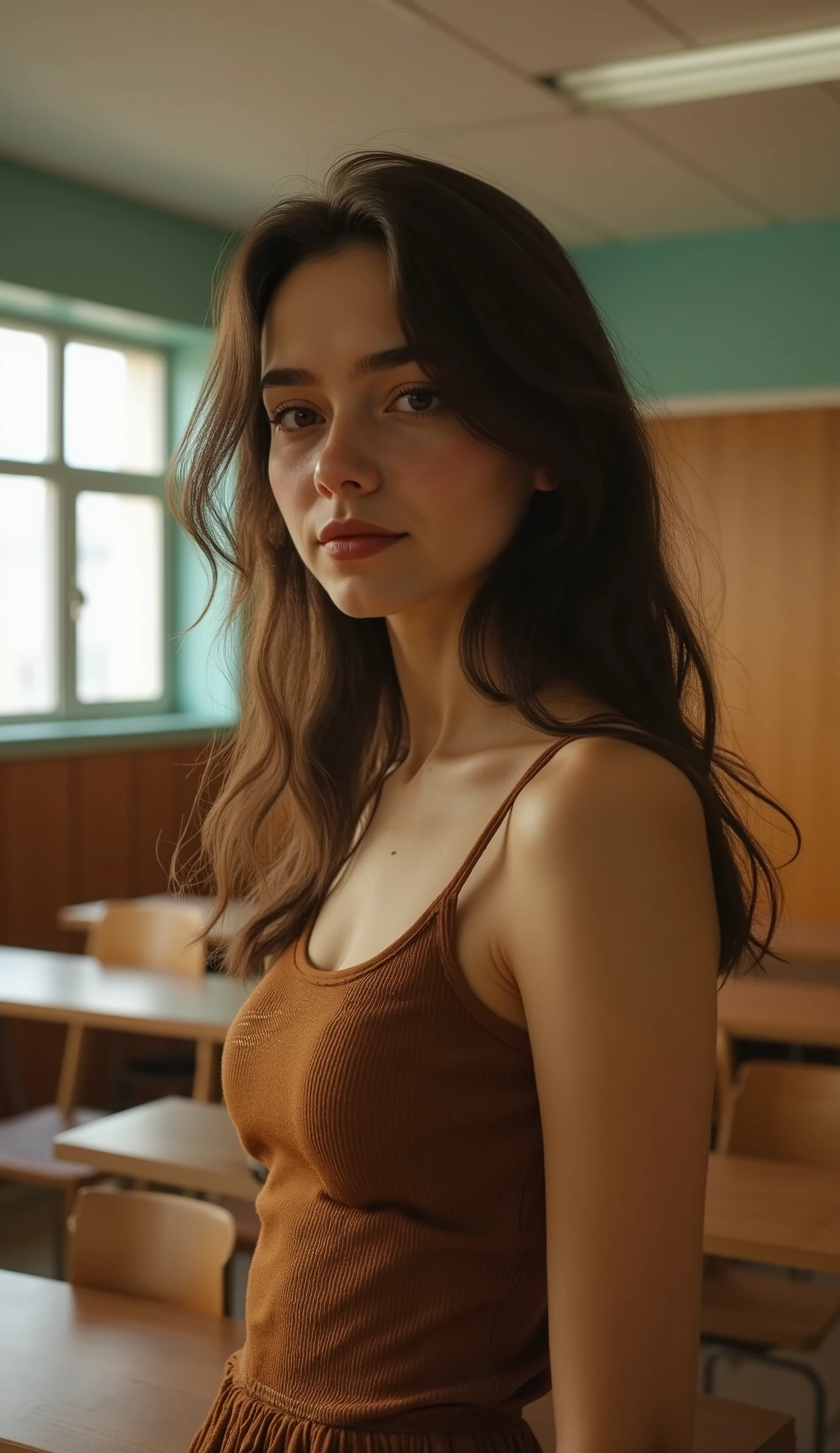 a beautiful young lady is standing in front of the classroom, half body