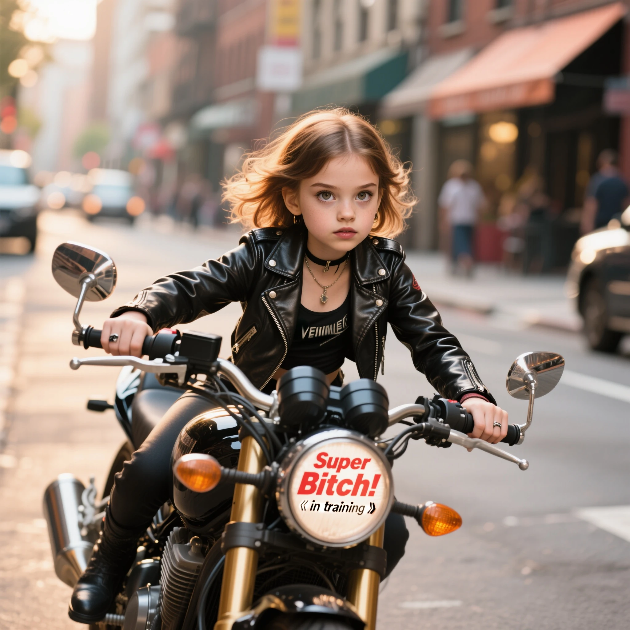 generate a drawing of a baby girl who is just a few months old, she must be wearing a pink outfit and a black leather jacket, she must be on a motorbike, full body style disney drawings