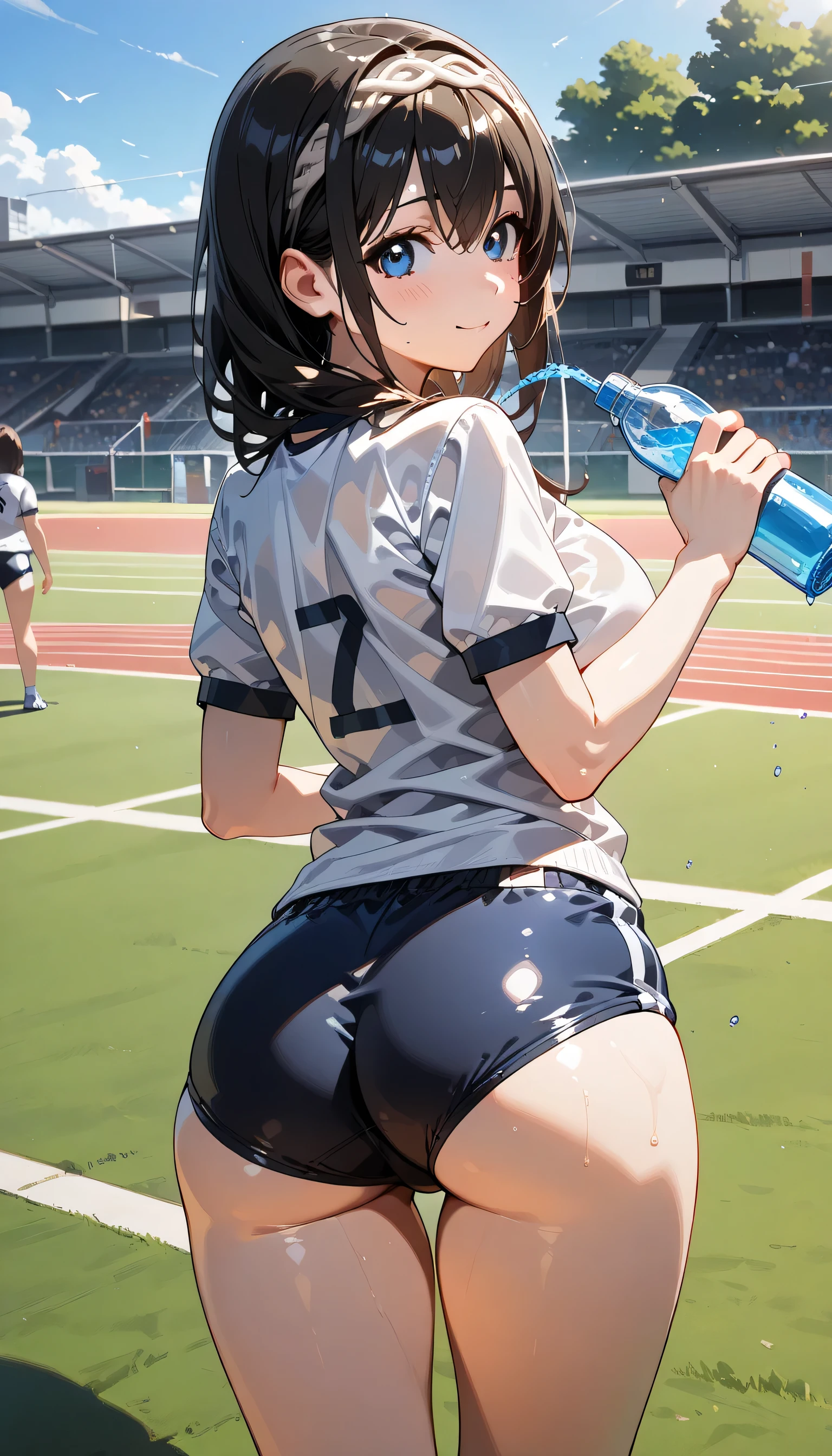 ((ultra-detailed)), (highly detailed CG illustration), (best quality:1.2), ultra-highly detailed, colorful composition, artistic photoshoot, 1girl, solo focus, thigh to top, cowboy shot, moe anime character, girl, dainty facial structure, baby face, round face, rounded chin:1.2, ideal ratio body proportions, fumika sagisawa, blue eyes, black hair, hairband, long hair, hair over eyes, (wearing glasses:1.3), (round eyewear:1.3), ample breasts, long silver hair:1.3, half updo:1.3, blue eyes:1.3, sagging eyes:1.3, hair ribbon with light red, ample breasts, white gym uniform with Navy blue rim:1.3, navy blue school gym buruma, smile:1.3, blush:1.3, bent over:1.2, stick out butt:1:3, on the school sports field, beautiful detailed sky, flowers, gentle breeze, best quality, masterpiece, beautiful detailed sky, sunshine pouring down, water splashes sparkle in the sunligh, dynamic pose, (from behind:1.4), (turn around:1.4 ), expecting, pink cheek, blush, light pink gloss slip, portrait, depth of field, soft lighting, sidelighting, shine, lighting, caustics, ray tracing, smile, perfect face, lustrous skin, highly detailed face, highly detailed eyes, perfect face, perfect nose, perfect hair, perfect eyes, perfect anatomy, beautiful hair, beautiful small face, extremely detailed face, beautiful detailed eyes, beautiful clavicle, beautiful body, beautiful huge breasts, leavage, breasts squeezed together, equalize the size of the left and right breasts, beautiful thin thighs, beautiful legs, beautiful fingers, 4 fingers, 1 thumb, lovely, (very detailed background:1.0), (highly detailed background:1.0), summer aesthetic, intricate details, joyful atmosphere, summer colors palette, chromatic aberration