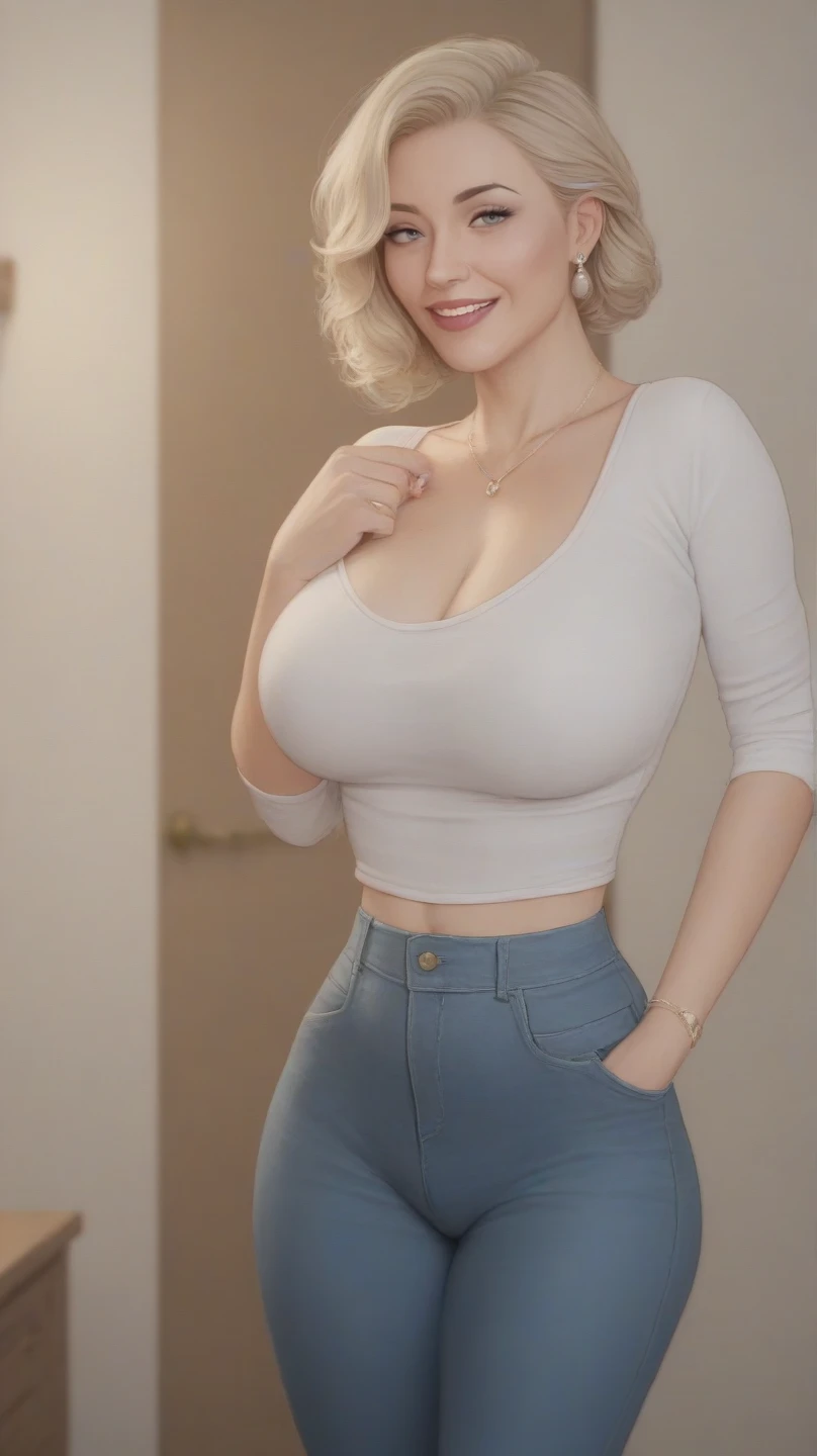 (best quality, masterpiece, ultra detailed, ultra high res, photorealistic, raw photo, absurdres, absolutely resolution:1.5), (beautiful detailed eyes, beautiful detailed lips, extremely detailed eyes and face:1.2), Korean girl, byself, 1 girl,Beautiful smile,Smiling,The corners of the mouth are raised, harajuku makeup, Perfect lipstick, perfect eyeshadows, Perfect jewelry, Intricate details of clothing, plumw,fleshy feeling,Perfect breasts,perfect thighs,Perfect Finger,Perfect girl,Exquisite facial detailixed girl, Blonde Bob hairstyle, Bimbo thick lips, The masterpiece kawaii is popular on Pixiv, Perfect body, Perfect face, Perfect form, Perfect background, Perfectcomposition)), Depth of field Volumetric lighting Surrealism Realistic facial features Realistic environment Complex facial features Perfect skin, Flawless, Masterpiece, kawaii, 18yr old, Perfect posture ,perfect angle,full body shot,((looking at viewer)), t shirt, jeans, ((french twist hair)), standing pose, large breast, crop top