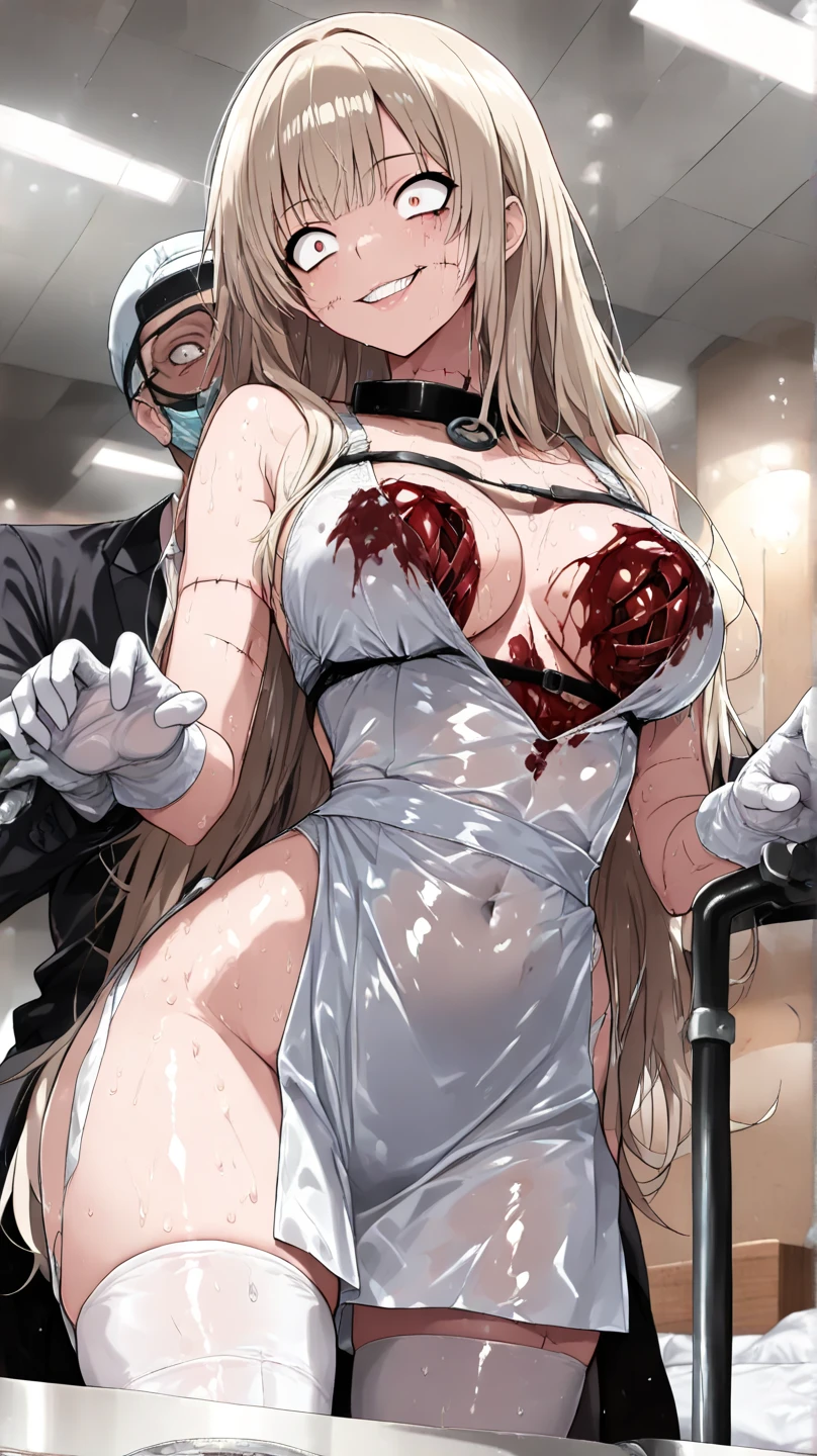 ((masterpiece)), ((best quality)), ((grotesque and splatter)), beautiful girl, curvy, tall, exposed belly, belly button, big breasts, femdom, slaughter, bloody white dress, Blood on the body, Bloody, Blood on the belly button, Blood on the belly, Blood on the breasts, tall, bloody knife, bloody sword, bloody belly, war, fight, kill, Behead, shot from below, POV from fallen enemies, sensual, Blood on the breasts, smile, spattered by much blood, having a big bloody sword, reflecting blood on the whole body, looking down on me, massaging breasts, getting excited sexially, kill everyone, blood splatter, cruel, background with battlefield, cut off head of man, holding a severed head