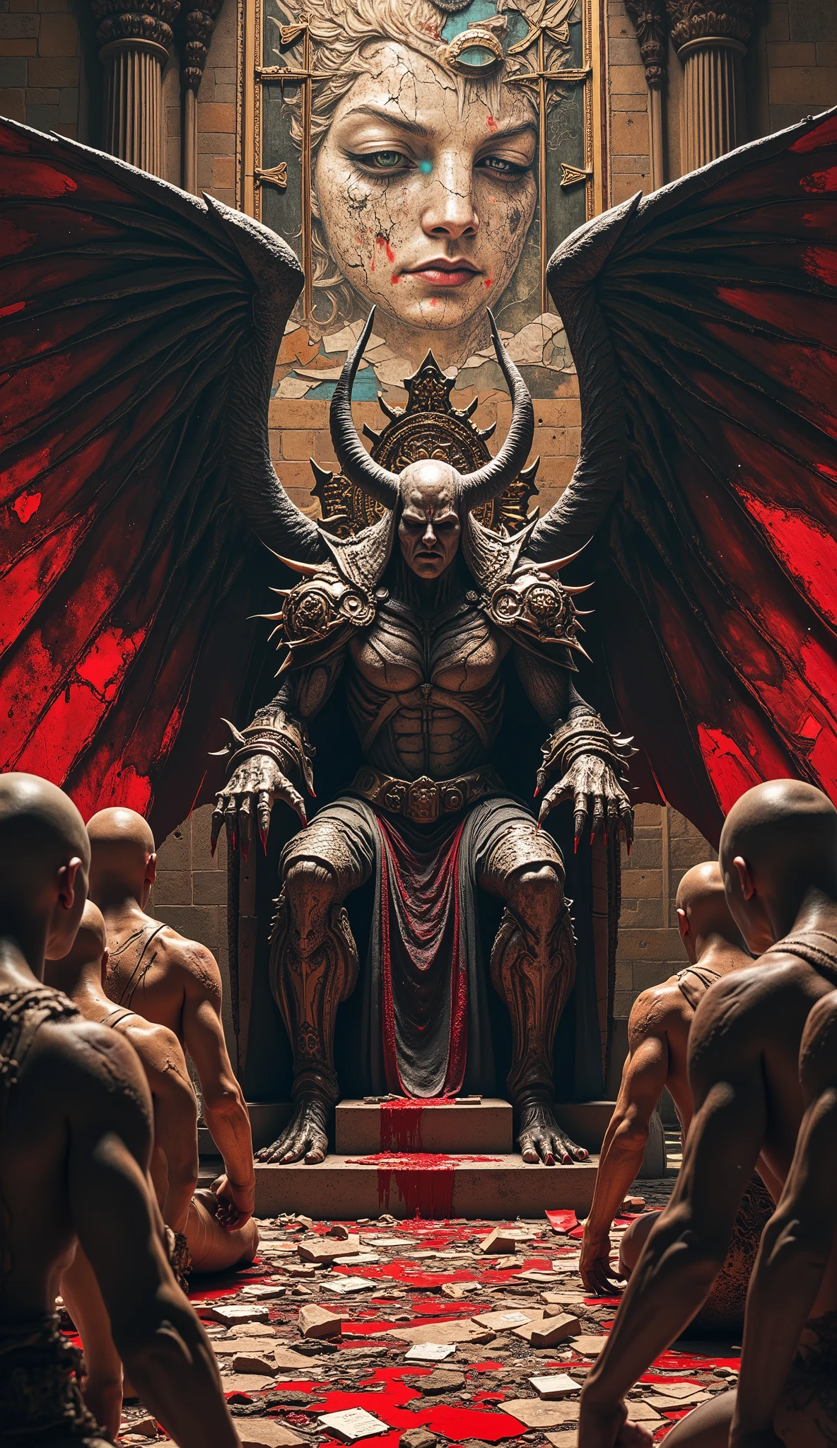 A hyper-realistic, high detail cinematic scene set in a ruined cathedral of broken vows. A massive, demonic figure—majestic, ancient, and horned—sits on a throne of shattered wedding rings, blood-stained contracts, and torn photographs. His wings are made of ash and whispers, constantly shifting. In front of him, dozens of human figures kneel in shame, their faces blurred, their mouths stitched with lies. The demon doesn't speak. He just watches, with burning eyes filled not with hatred, but with disappointment. Behind him, murals on stone walls replay scenes of betrayal: lovers cheating, brothers stabbing each other, friends breaking oaths. Each mural pulses with red light. Overhead, a shattered stained-glass window shows a god turning his face away. The demon’s voice echoes across the room: not loud—but final, surgical, like a scalpel of truth. The flames don't burn bodies—they burn illusions.