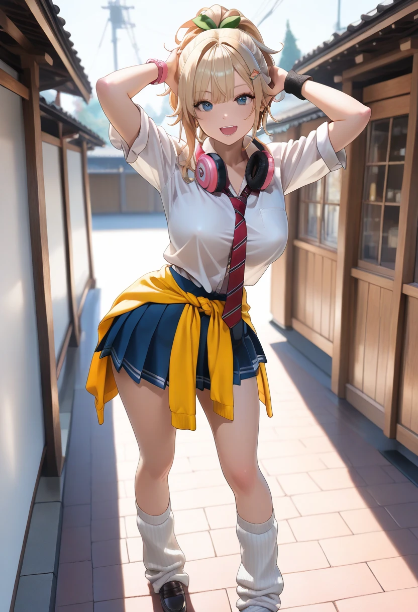 android, beautiful robot, short pigtails, brown hair, Hair tie with two big red clothespins, big smile, brown hair, middle age, joint seam, blue eyes, full body figure, Height: 160cm, Light beige micro mini dress, fluttering skirt, skirt folds, white retro swimwear, Uplifting, 2020s anime style, 21thcentury japan animation, show White pantie