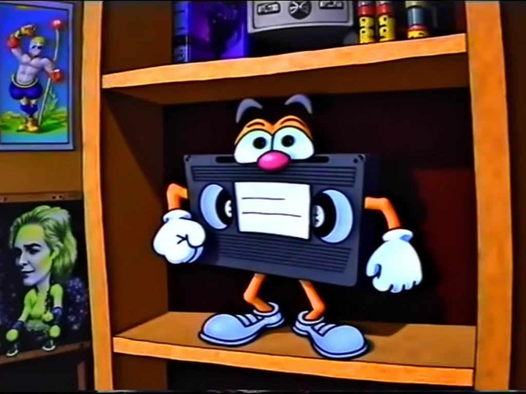 Digital illustration, PIVIG image style, anthropomorphic cartoon VHS tape, white gloves, big expressive eyes, cartoon shoes, standing proudly on a wooden shelf, 90s 's bedroom, retro toys, vintage posters, rubber hose art style, reminiscent of Max Fleischer and Ub Iwerks, VHS, VHS footage of, grainy frame from an old VHS tape, imperfections of the VHS quality, static, glitches, bleeding colors, low quality, soft nostalgic lighting, eye-level shot, 4K, high detail, Art Station, Behance