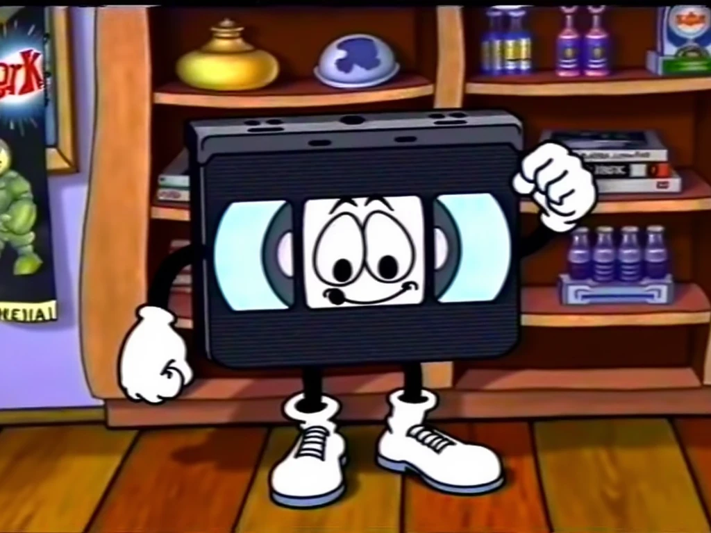 Digital illustration, PIVIG image style, anthropomorphic cartoon VHS tape, white gloves, big expressive eyes, cartoon shoes, standing proudly on a wooden shelf, 90s 's bedroom, retro toys, vintage posters, rubber hose art style, reminiscent of Max Fleischer and Ub Iwerks, VHS, VHS footage of, grainy frame from an old VHS tape, imperfections of the VHS quality, static, glitches, bleeding colors, low quality, soft nostalgic lighting, eye-level shot, 4K, high detail, Art Station, Behance