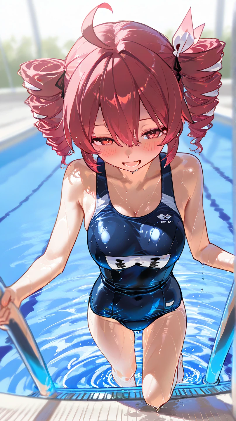 8K quality,(super masterpiece:1.3),Highest quality,Detailed Images,1 female,symmetrical beauty,10th Generation,face(kiss,Bring your lips forward,Pursed lips,Close your eyes),(Embarrassing,blush,bright red,),(Pink Hair,Long Hair,High Ponytail),(Thick eyebrows,Thick eyebrows),(Droopy eyes,Green Eyes,Green Eyes,Bright Eyes),(Large Breasts,F cupの胸),Tan Skin,Leaning forward,(School Swimsuit),(Draw the whole body,Draw the front),background(Submerged City,Flooded station,Submerged City,A sunken ruin),(faceはカメラに対して真正面を向く,Looking directly at the viewer,looking at the camera,The body faces the viewer,The body is facing the direction of the camera,faceはカメラを真っ直ぐ見る).