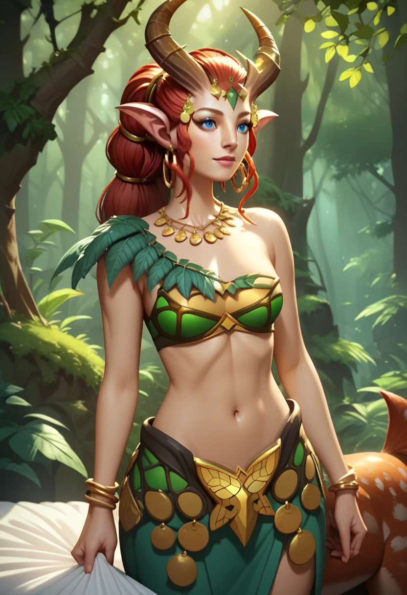 ENCHDOTA2023, centaur, horns, auburn hair, leaf bra, green bra, 1girl, solo, upper body, facing viewer, (looking at viewer:1.5), in the center, smile,