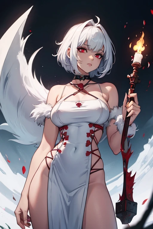 dressed black clothes, full body, girl, sexy, Vampire, Short white hair, red cape, in hell on fire background