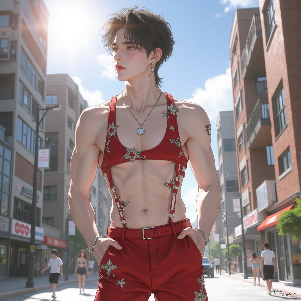 Jungkook do BTS com cabelo longo vermelho e tatuagens