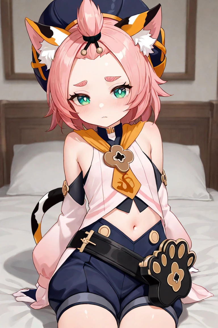 bottomless, catgirl, small breasts, confident, on back, loli, happy, smiling, seductive, outside, flirtacious, tail, spread legs, detached sleeves