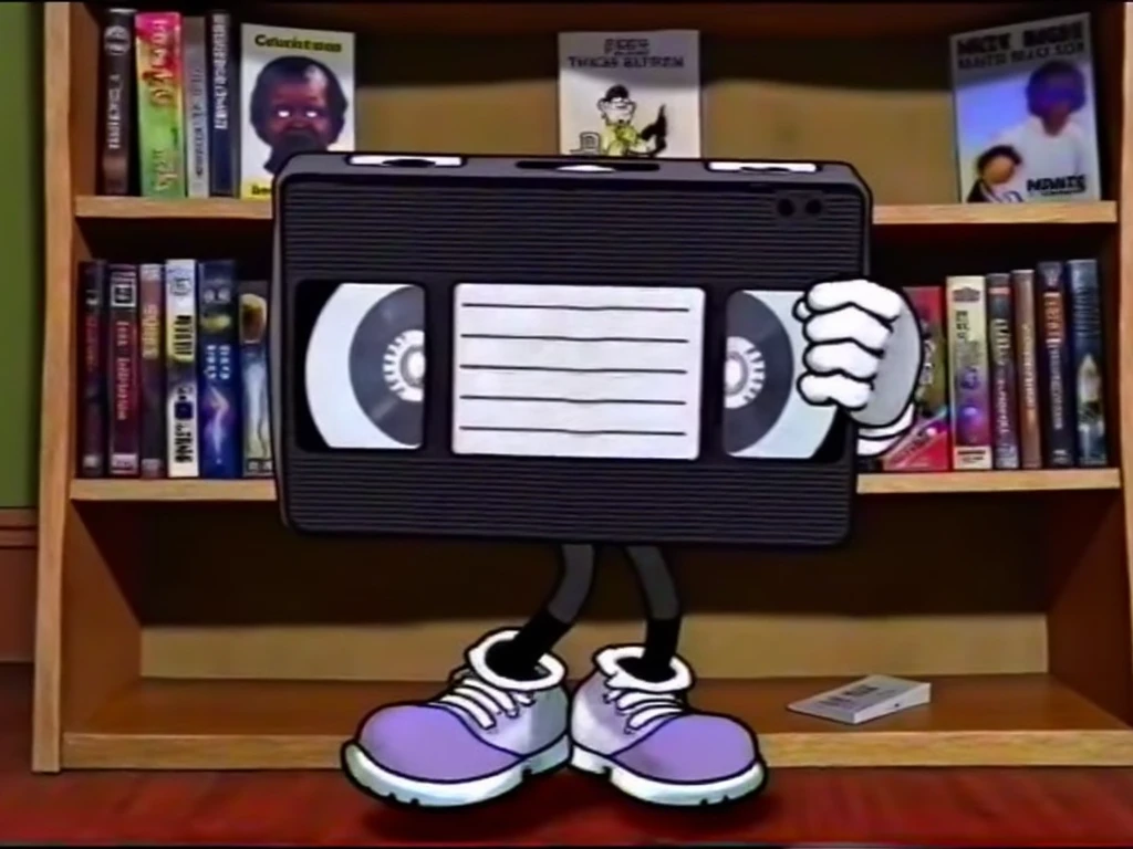 Digital illustration, PIVIG image style, anthropomorphic cartoon VHS tape, white gloves, big expressive eyes, cartoon shoes, standing proudly on a wooden shelf, 90s 's bedroom, retro toys, vintage posters, rubber hose art style, reminiscent of Max Fleischer and Ub Iwerks, VHS, VHS footage of, grainy frame from an old VHS tape, imperfections of the VHS quality, static, glitches, bleeding colors, low quality, soft nostalgic lighting, eye-level shot, 4K, high detail, Art Station, Behance