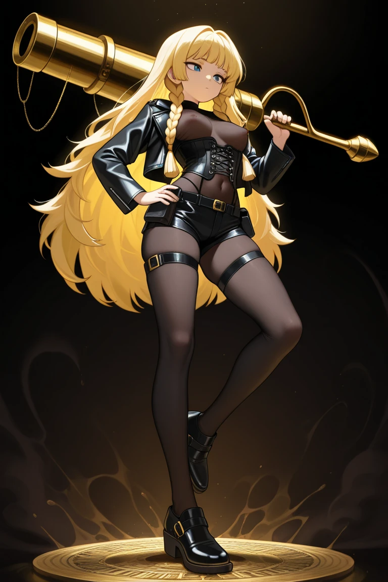 Sexy Hermaphrodite, Plump, pursed lips, freckles, Long curly black and yellow hair with bangs, Crystal blue eyes with smoky eyeshadow and black eyeliner, Black semi-matt lipstick, Dark Skin, A frivolous, proud smile, ,Full body image、Background white、Stiletto heel thigh-high boots