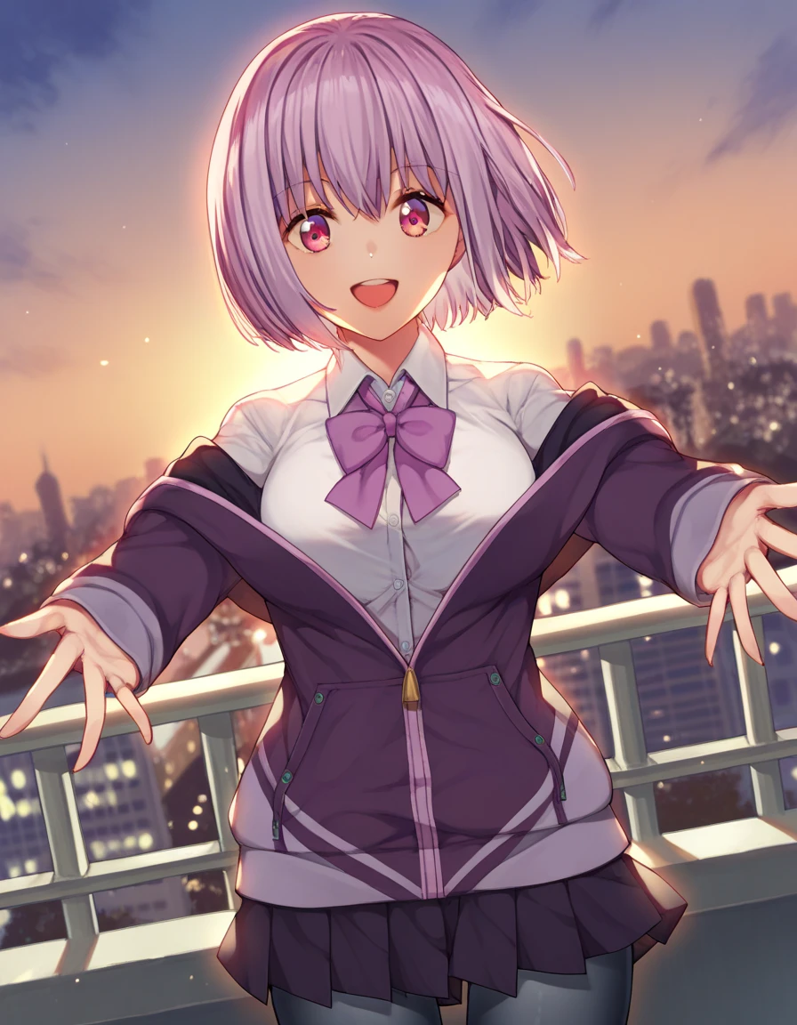score_9, score_8_up, score_7_up, source_anime, skhibari, hibari, short hair, bow, twintails, pink hair, hair bow, symbol-shaped pupils, short twintails, blue eyes, smile, large breasts, skirt, bow, , necktie, purple skirt, outdoors, cityscape, looking at viewer