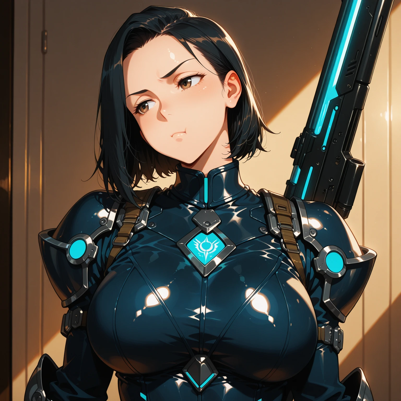 (upper-body), (Realistic, [the anime]), (..3d:0.3), dramatic  lighting, ((Masterpiece)),(Quality),(hight resolution), High Lady Voidstar, [[Coated ABS]], ((X-ray power armor|Lined ????????|gray power armor) mechanical arms), short luscious black hair cut, [Evil smile], small ???????, covered navel, eye liner, Lashes, a perfect face, beautiful nose, detailed pupil, Beautiful eyes, 詳細な目, Brown eyes, Perfect lips, A-pose on the monitor, Simple background, [Boku no hero academia], (Move:1) ,