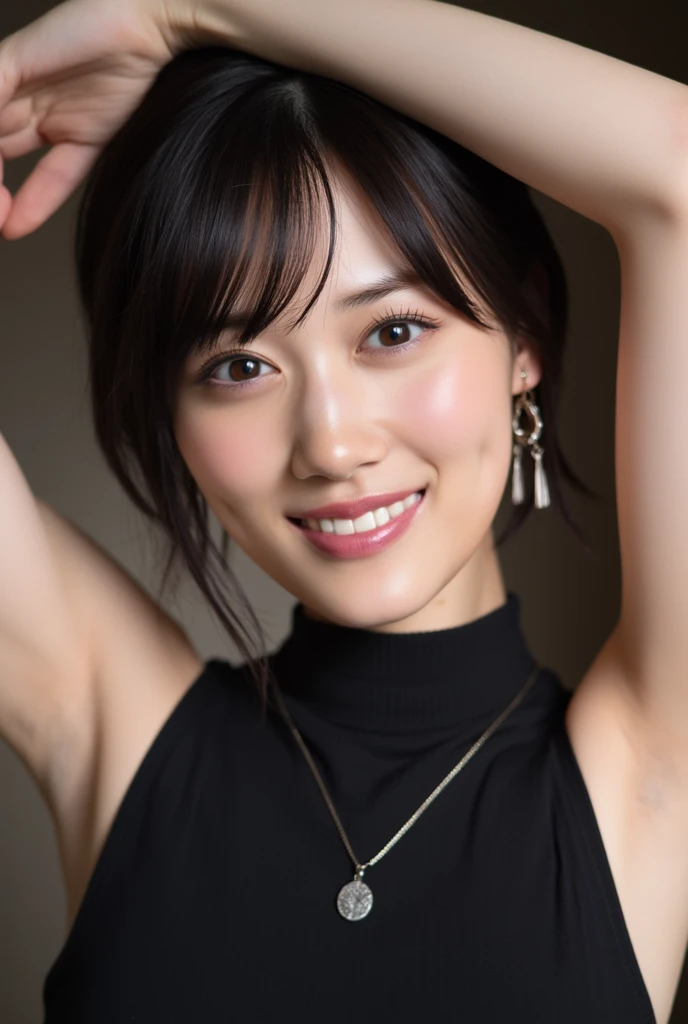 (tmasterpiece、最好质量、ultra hyper-detailed、A high resolution、At 8K、photoreallistic、Raw photography)、(最好质量、8K、32K、tmasterpiece)、Cute Japan Woman Pictures、a 18 year old girl、(a large breast)、White and beautiful skin、gentle grin、very short bobbed hair、((body complet))、focus of face、(dark blue lace dress)、neckless、simple background、looking at the viewers、pale light