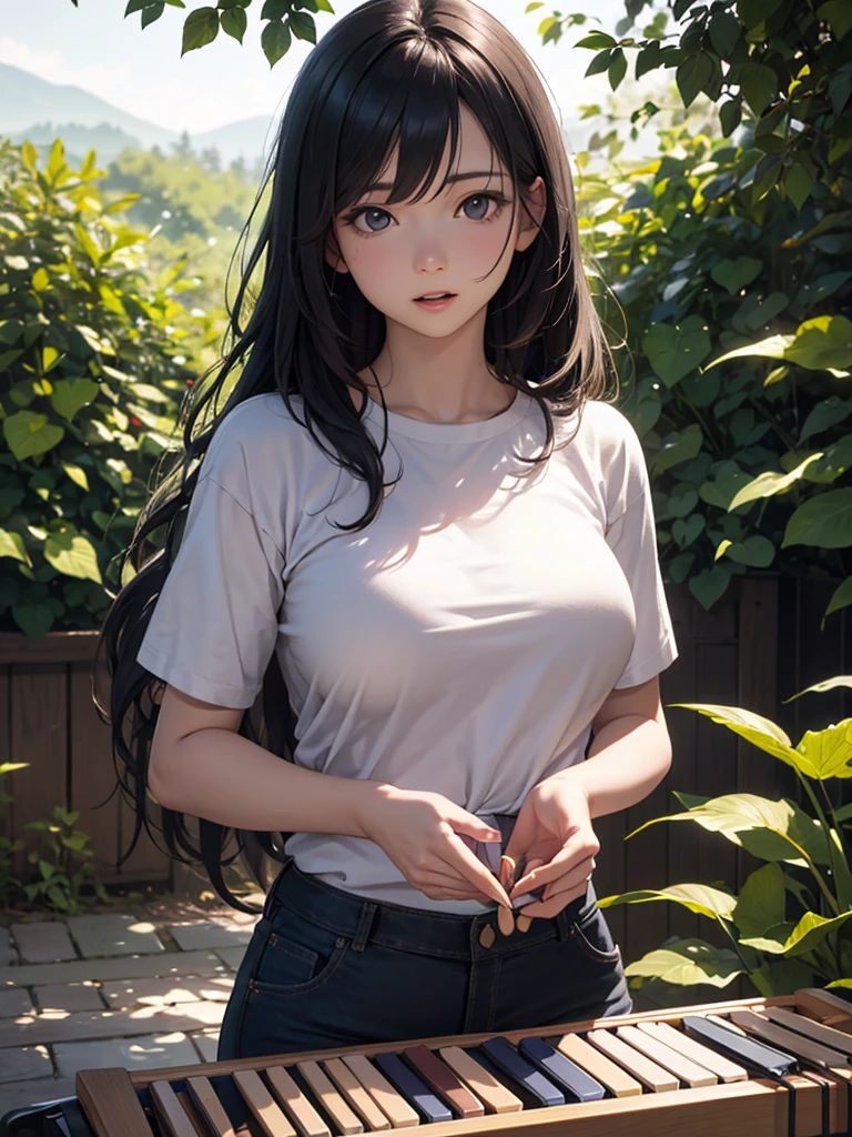 illustration:Ultra-delicate,In the Garden,Big breasts,25 years old,Burgundy T-shirt,Denim shorts,Black long hair,Cherry hairpins,Mature and stable,big sister