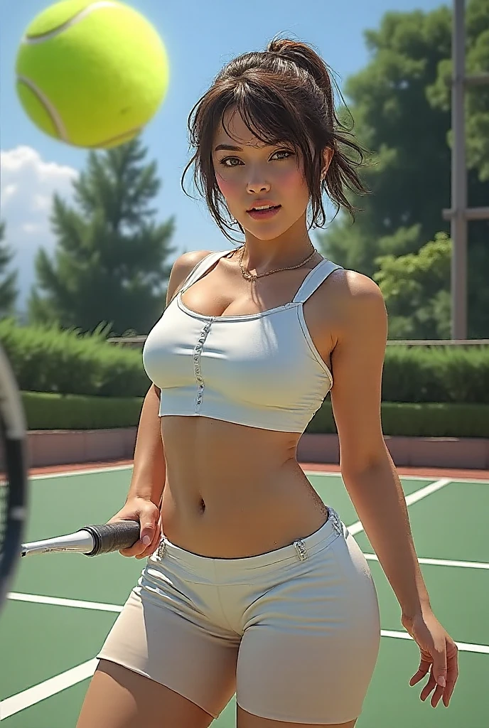 Pure and lewd Japanese tennis girl, outstanding body, supple muscles, shiny white skin, wearing tennis wear, natural ponytail, sweet smile, sitting seductively, secret temptation to sex, spread wide legs, refreshing in early summer morning, professional portrait photography, 