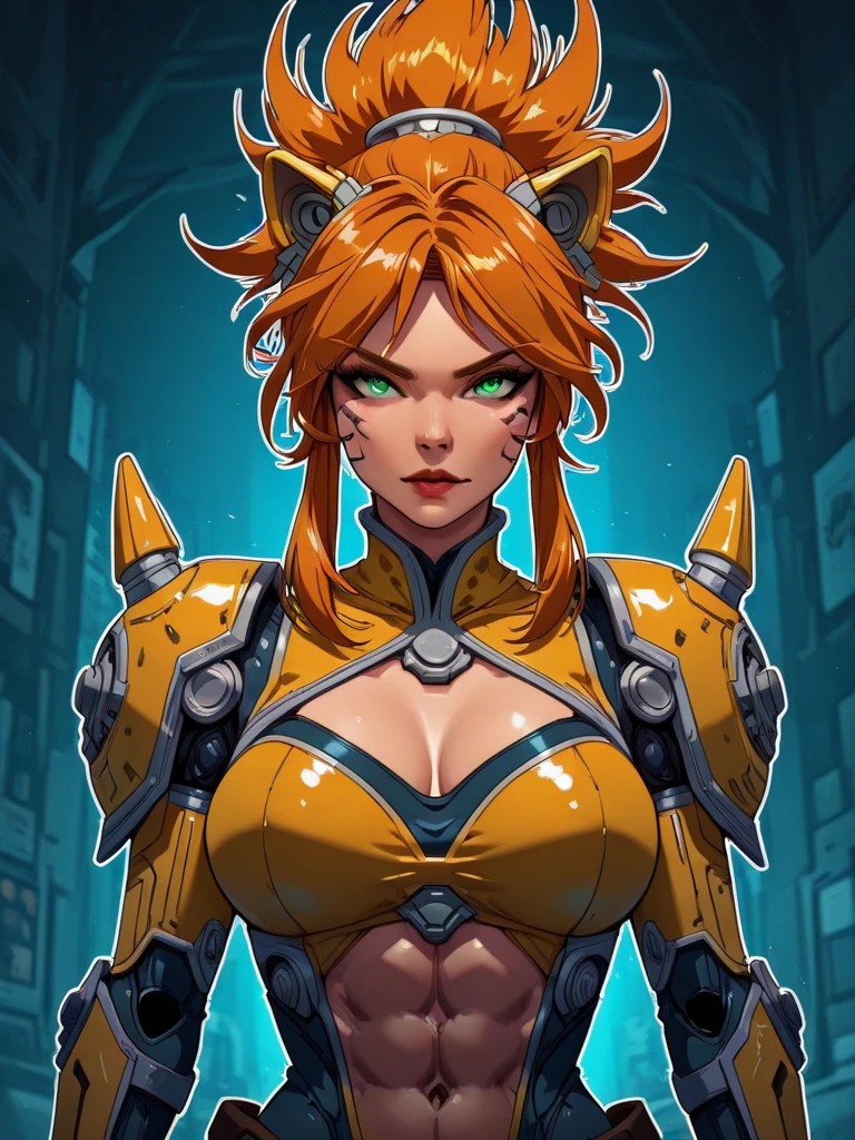 uma mulher ruiva e uma jaqueta de couro, abs, 6pac, yellow glowing eyes, elven ears, 4k, ultra quality, cyberpunk 2077, glowing yellow eyes, blue lipstick, golden canine, abs, 6 pack, ultra quality, 4k, tan, elven ears