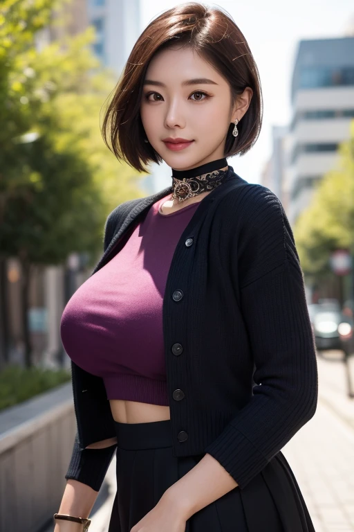 8k quality,masterpiece,best quality,(Japanese ),((beautiful girl)),cleveage,Shopping street,(Perfect body beauty:1.2),Black underwear exposed,Pantyhose,(Chest:1.4),sweater,Smile,Shopping,open your clothes,Appearance: 40 years old