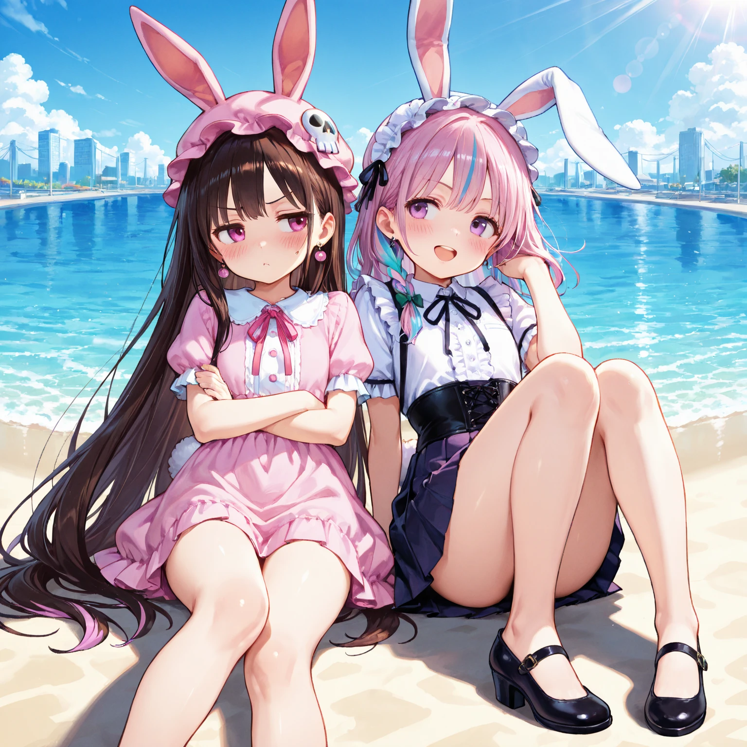 Highest quality, cute, pastel colour, Fluffy white bunny ears, smile,Pink Hair,Pink eyes,wallpaper style,Beach、Sandy Beach、Swimwear、whole body