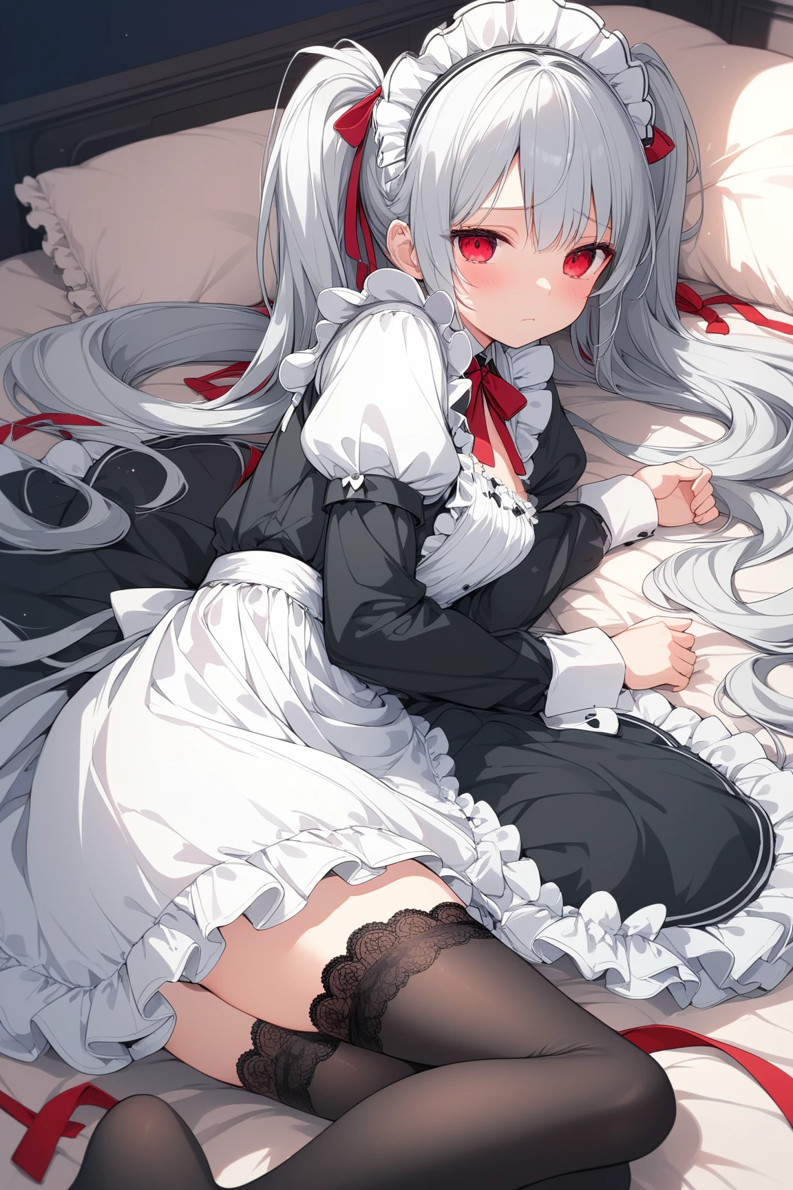 stockings, White silk, Lori, Red eyes, White hair,Lying on the bed in a maid costume