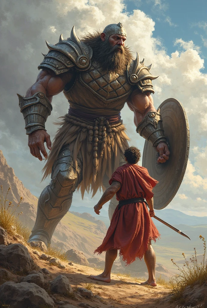 Arafed man in a brown robe holding a sling (object used to kill goliath, a giant, goliath in front of him, ready for a battle, according to the bible, in a desert, frodo in Star Trek, Frodo, still from a fantasy film, digitally remastered, film still of God of War, in the movie Dune, mixed art,  in the movie Excalibur 1 9 8 0, biblical epic film, from a movie scene, still from a live action movie
