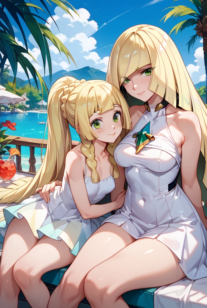 gigantic sun on the edge of the full moon behind it mountains. young girls fishing in bikini long blonde hair long bangs