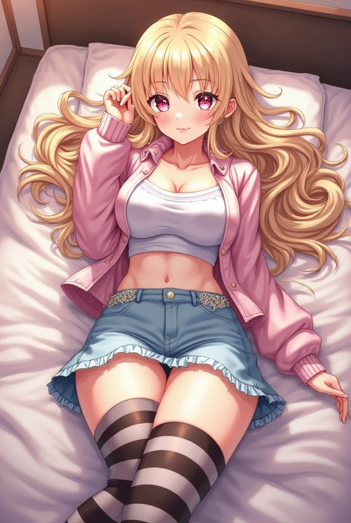 (masterpiece, highest quality), Bedroom, 1 girl, , , ,anatomically correct body, small breasts, (sweater), (((shorts with zipper removed))), (open fly), (low rise panties), in a colorful Bedroom, lying on the bed, From above, morning, bright sunshine, white, bright colors, watercolor、smile、clothed、erect nipples